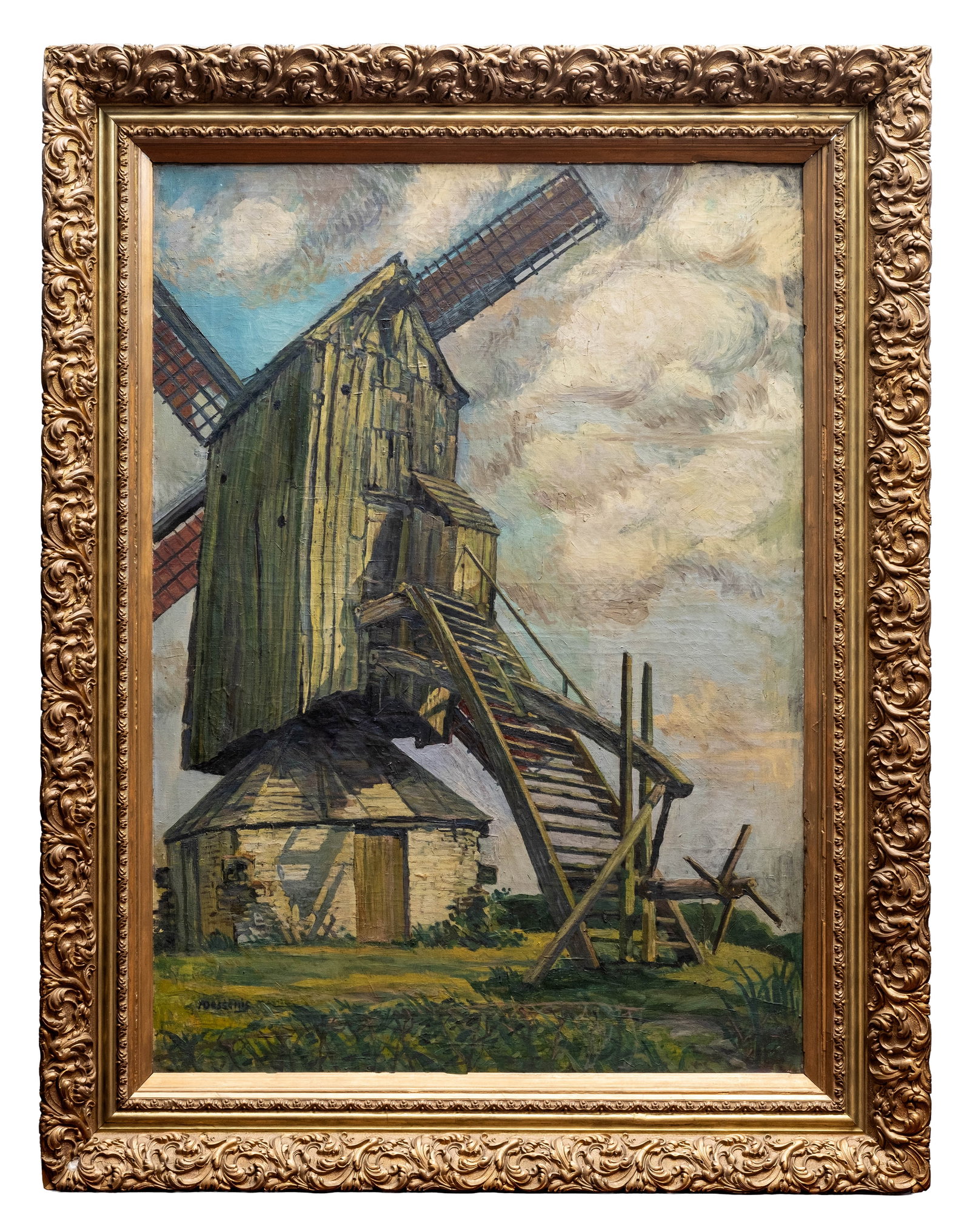 Large 68-inch Alfons Dessenis Signed Belgian Windmill Landscape Painting - 4