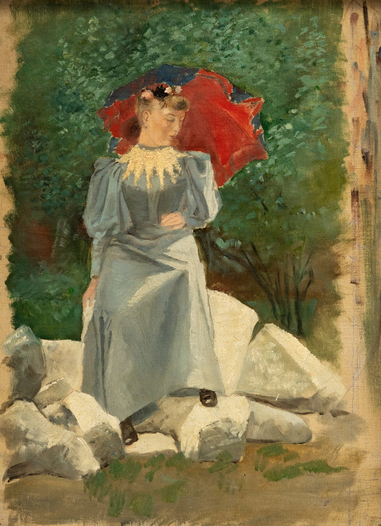 No Reserve: Mystery Artist Early 20th Century Art Nouveau Woman With Red Parasol Oil Painting (1 of 5)