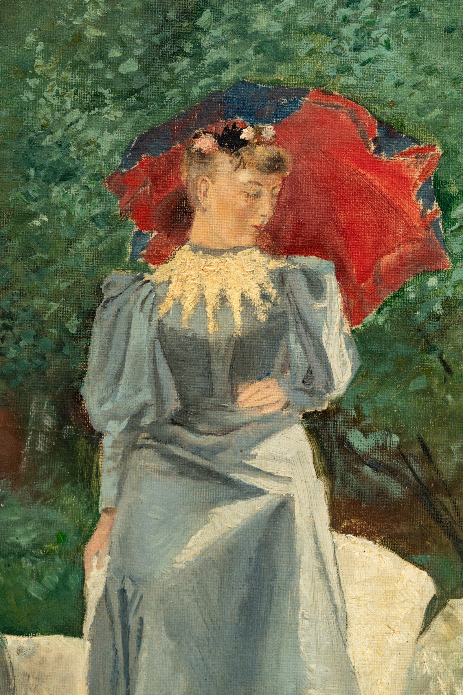 No Reserve: Mystery Artist Early 20th Century Art Nouveau Woman With Red Parasol Oil Painting - 3