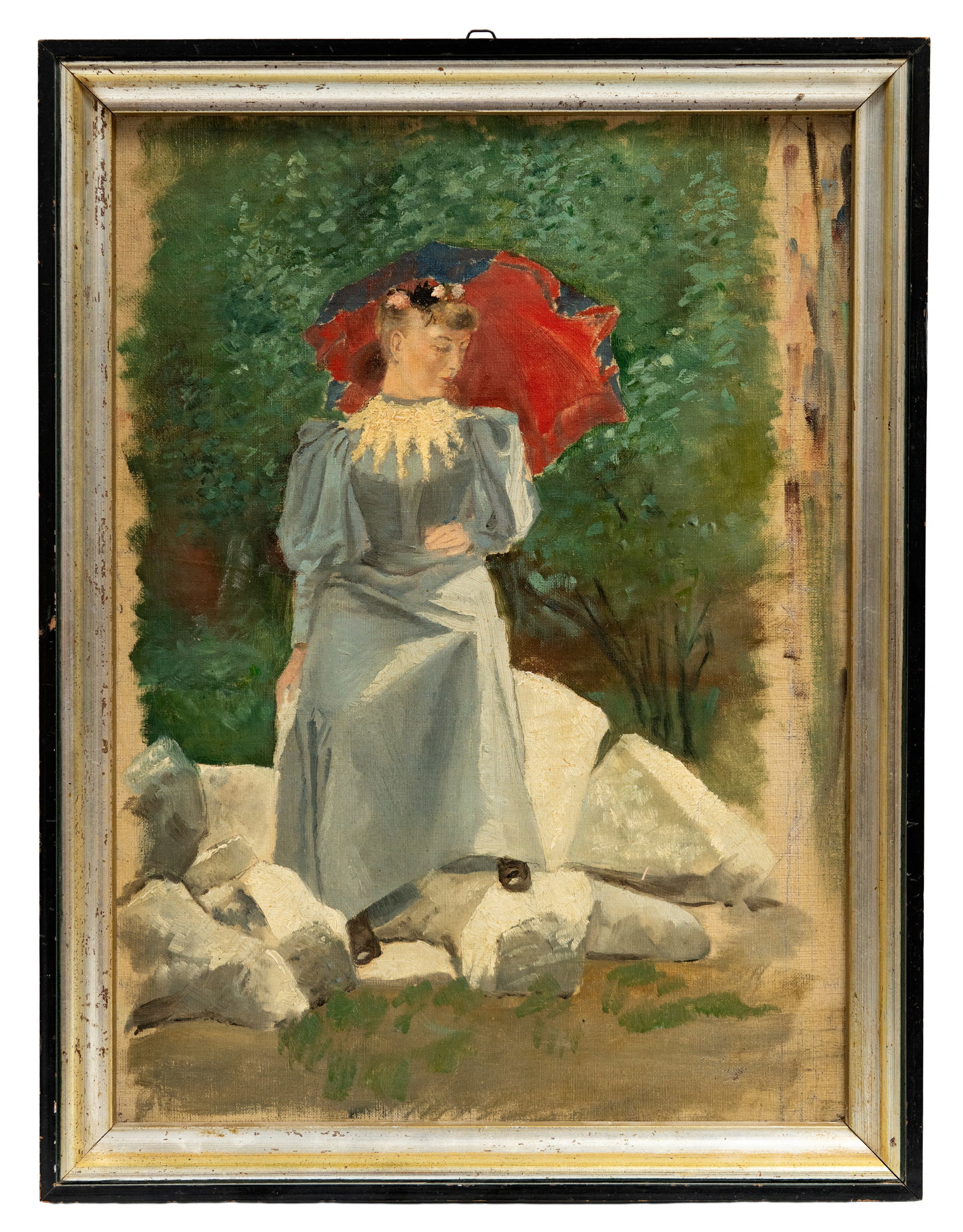 No Reserve: Mystery Artist Early 20th Century Art Nouveau Woman With Red Parasol Oil Painting - 4