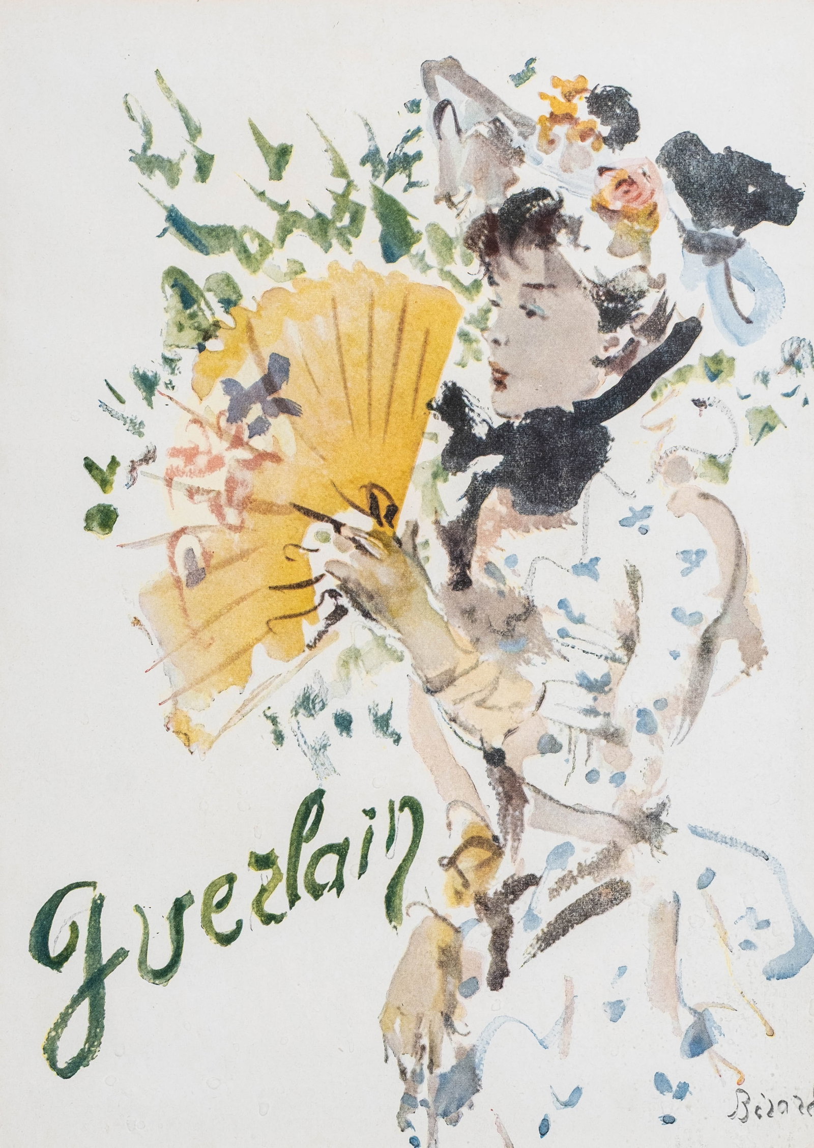 No Reserve: Christian Bérard Signed Guerlain Woman With Fan Lithograph - 2
