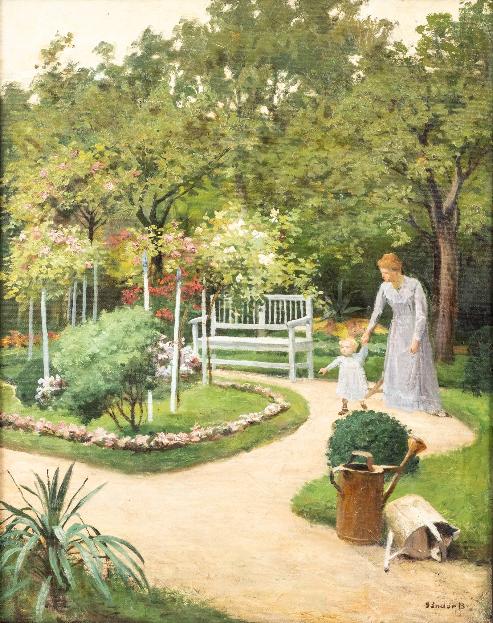 No Reserve: Béla Sándor, Signed Woman and Child in Garden Painting: Keywords: Bela Sandor, Hungarian Art, Budapest, Garden Scene, Woman And Child, Mother And Child, Landscape, Summer Garden, Figurative Art, Impressionism, Oil On Canvas, Early 20th Century Summary: Bé