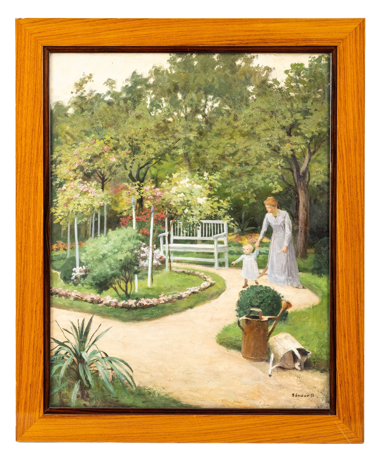 No Reserve: Béla Sándor, Signed Woman and Child in Garden Painting - 3