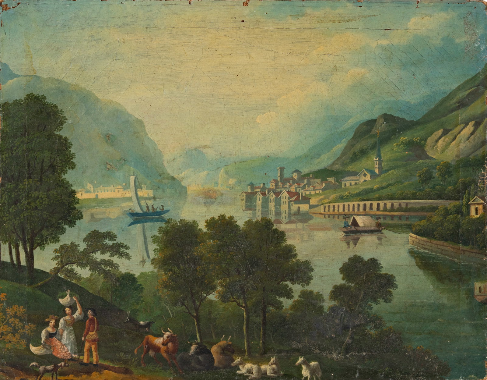 No Reserve: 18th Century Continental School Alpine Lake Landscape Oil Painting (1 of 5)