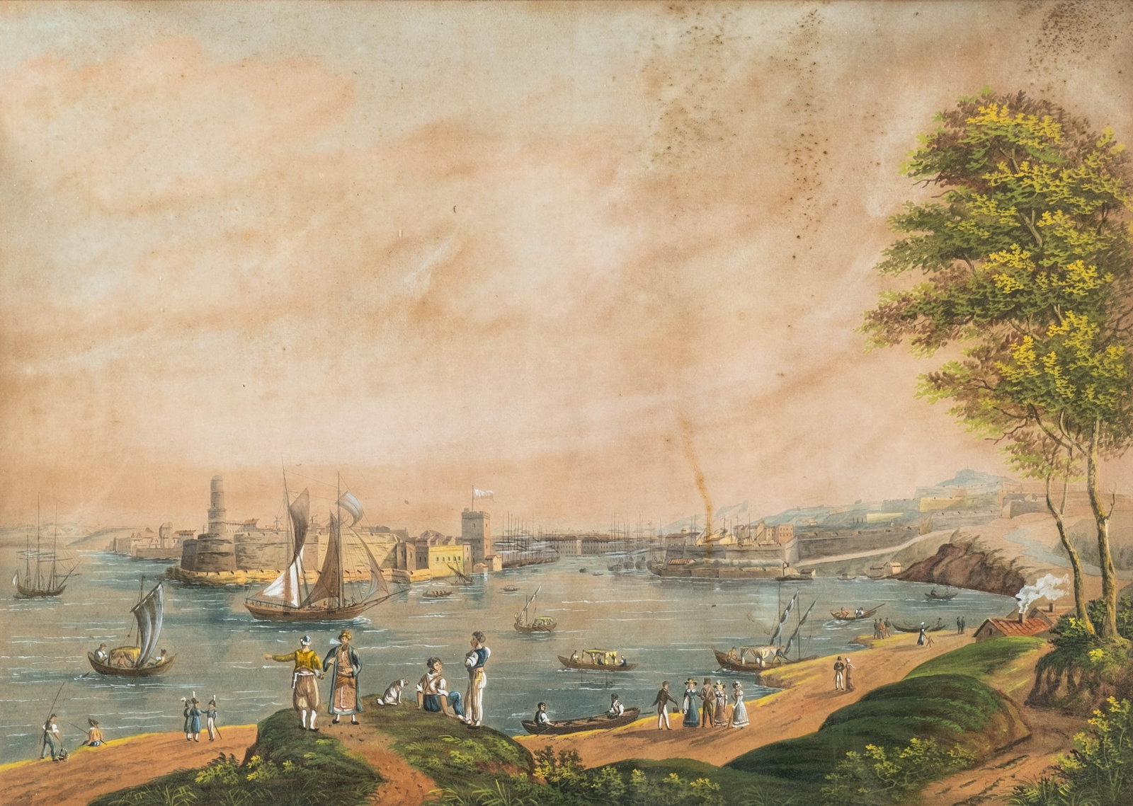 No Reserve: 19th Century Panoramic Mediterranean Harbor View Gouache Painting (1 of 10)