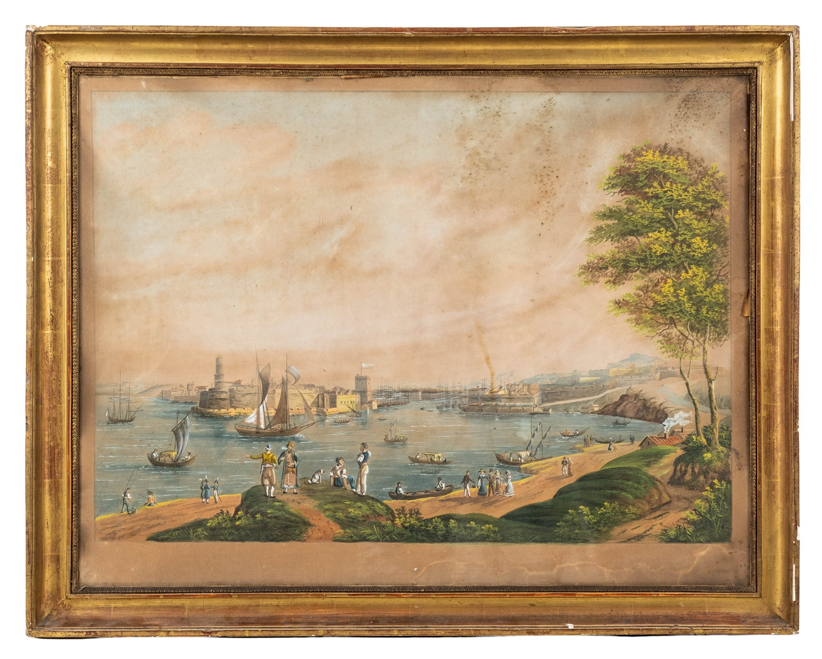No Reserve: 19th Century Panoramic Mediterranean Harbor View Gouache Painting - 3