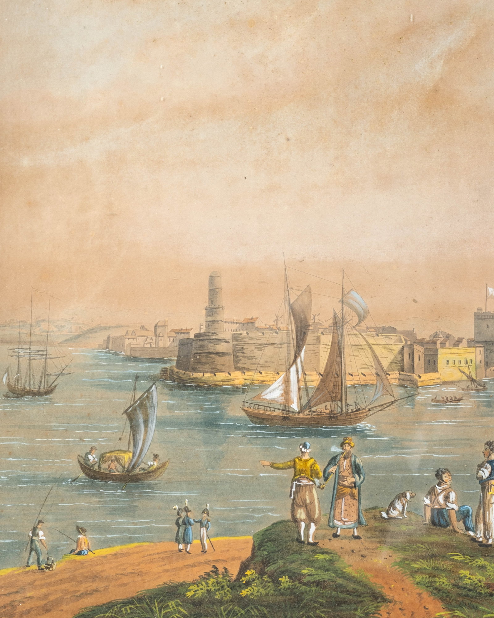 No Reserve: 19th Century Panoramic Mediterranean Harbor View Gouache Painting - 4