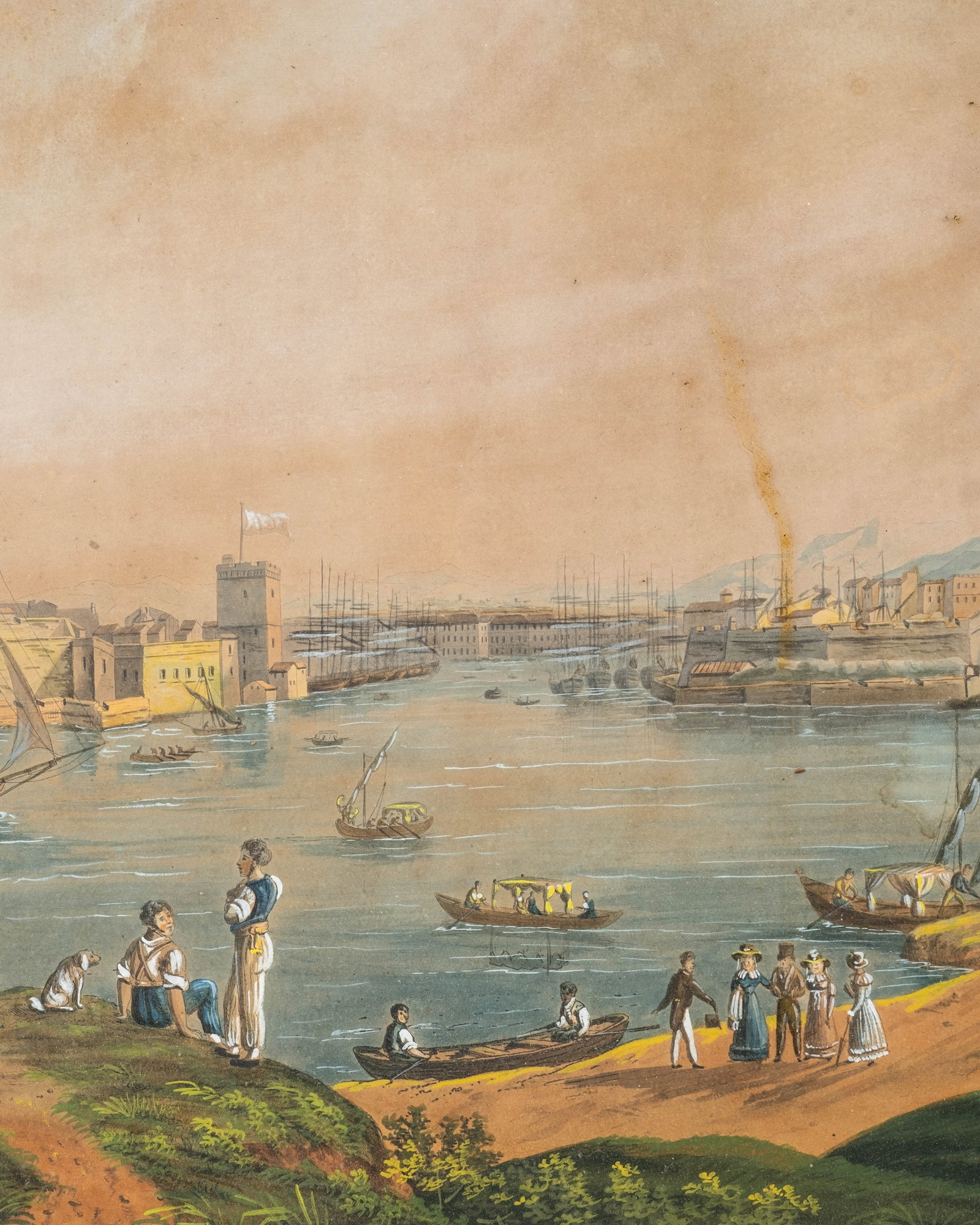 No Reserve: 19th Century Panoramic Mediterranean Harbor View Gouache Painting - 5