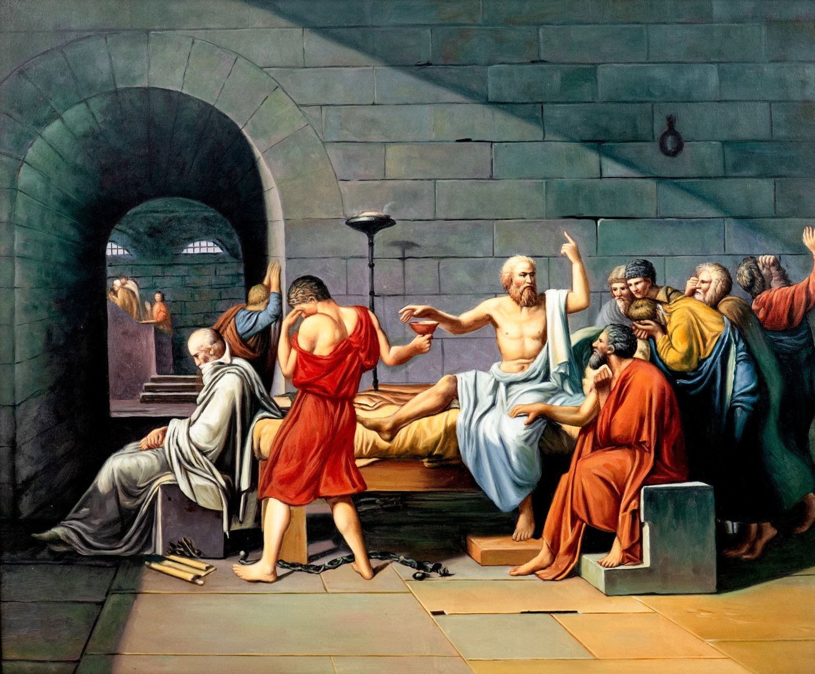 No Reserve: Neo-classical Oil on Canvas Painting, 19th Century: Keywords: French School, Neoclassical, Neoclassicism, Socrates, Greek Philosophy, Ancient Greece, Classical Subject, Historical Painting, Figurative Art, Hemlock, Plato, Crito, Prison Scene, 19th Cent