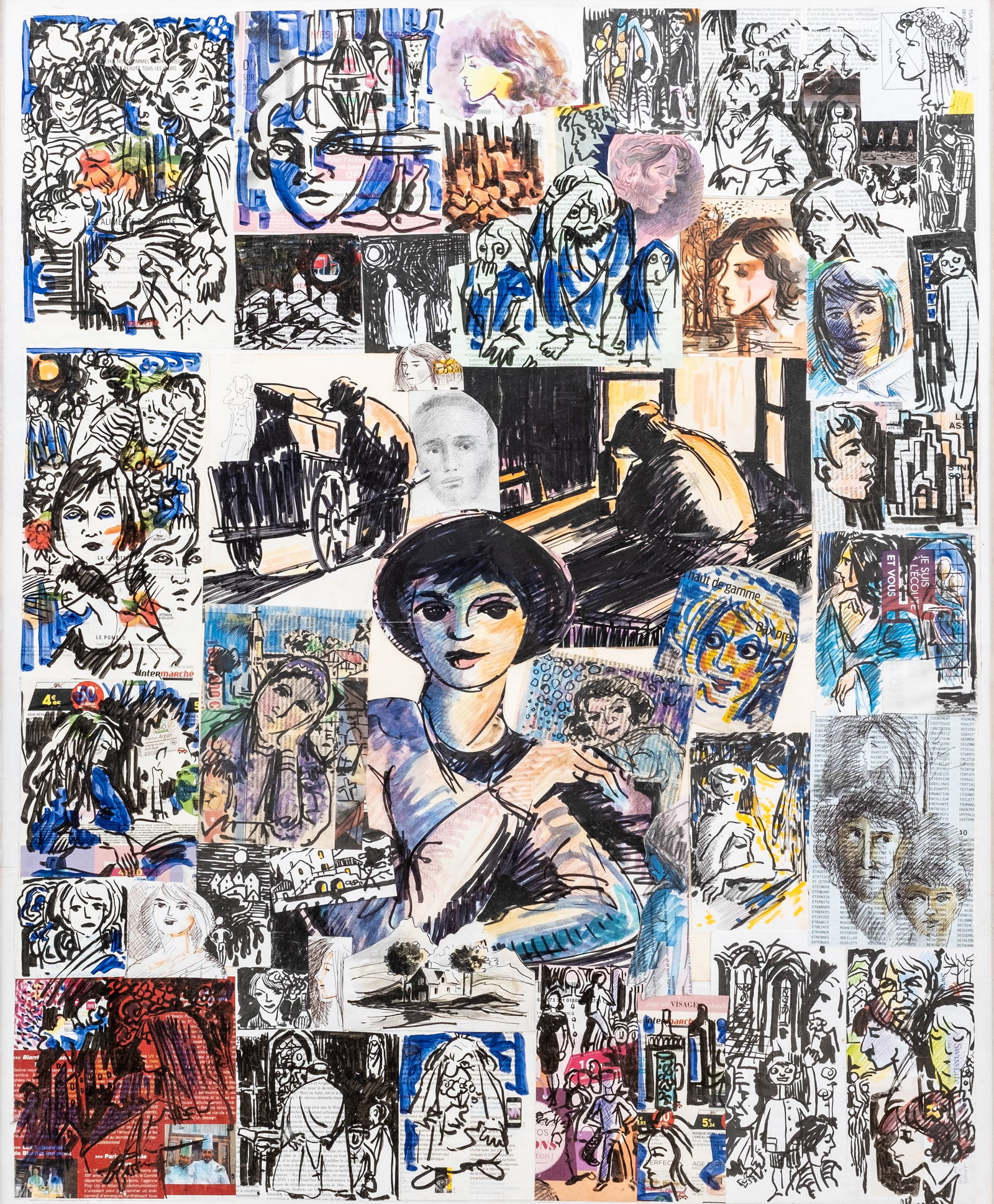 No Reserve: Signed Modern Figurative Mixed Media Collage Painting: Keywords: Modern Art, Mixed Media, Painting, Collage, Figurative Art, Portraits, Female Figure, Urban Scene, Expressionism, Neo Expressionism, Contemporary Art, French Art, Works On Paper Summary: Mod