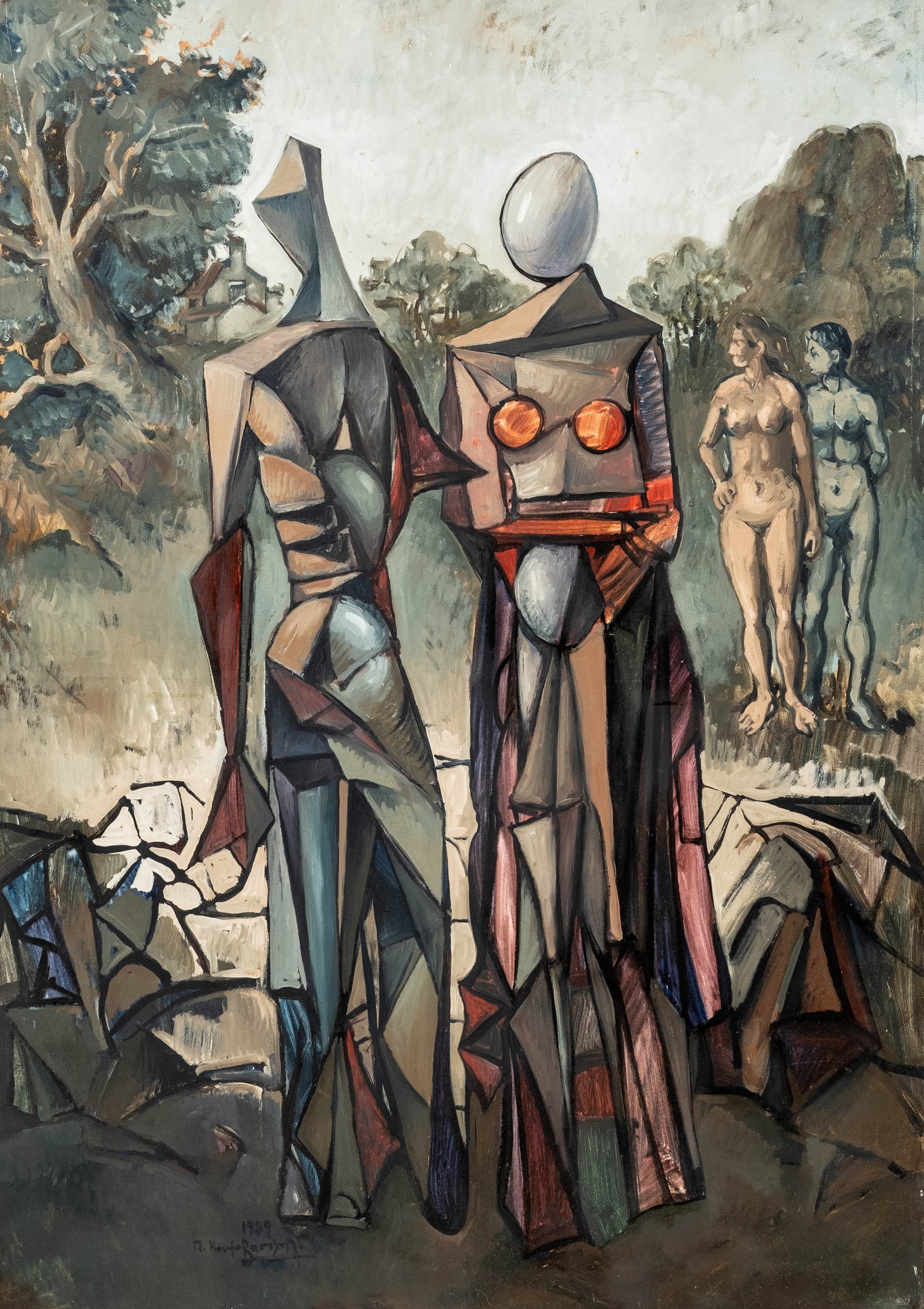 No Reserve: Petros Koufovassilis, Signed 'Forgotten Couple' Surrealist Painting, 1989: Keywords: Petros Koufovassilis, Greek Art, Surrealism, Modern Art, Figurative Art, Couple, Geometric Figures, Cubism, Metaphysical Art, Fantasy, Oil On Canvas, 1989 Summary: Petros Koufovassilis (b. 1
