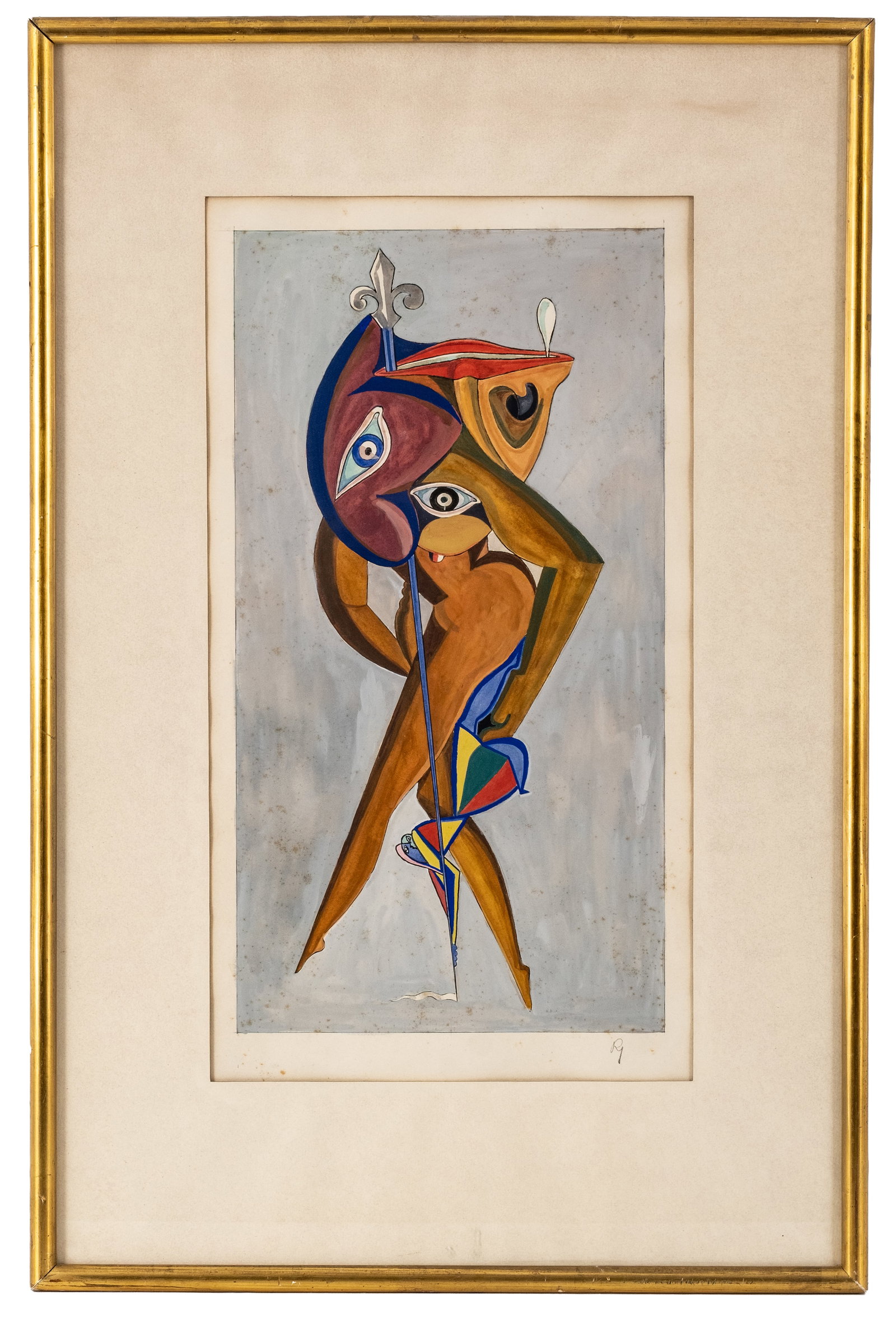 No Reserve: Mystery Artist Signed Mid-Century Surrealist Abstract Figurative Gouache Painting: Keywords: Surrealism, Abstract Figuration, Modernist, Mid-Century Modern, European Modernism, Figurative Art, Cubist Influence, Biomorphic, Geometric Abstraction, Works On Paper, Gouache, Watercolor, 