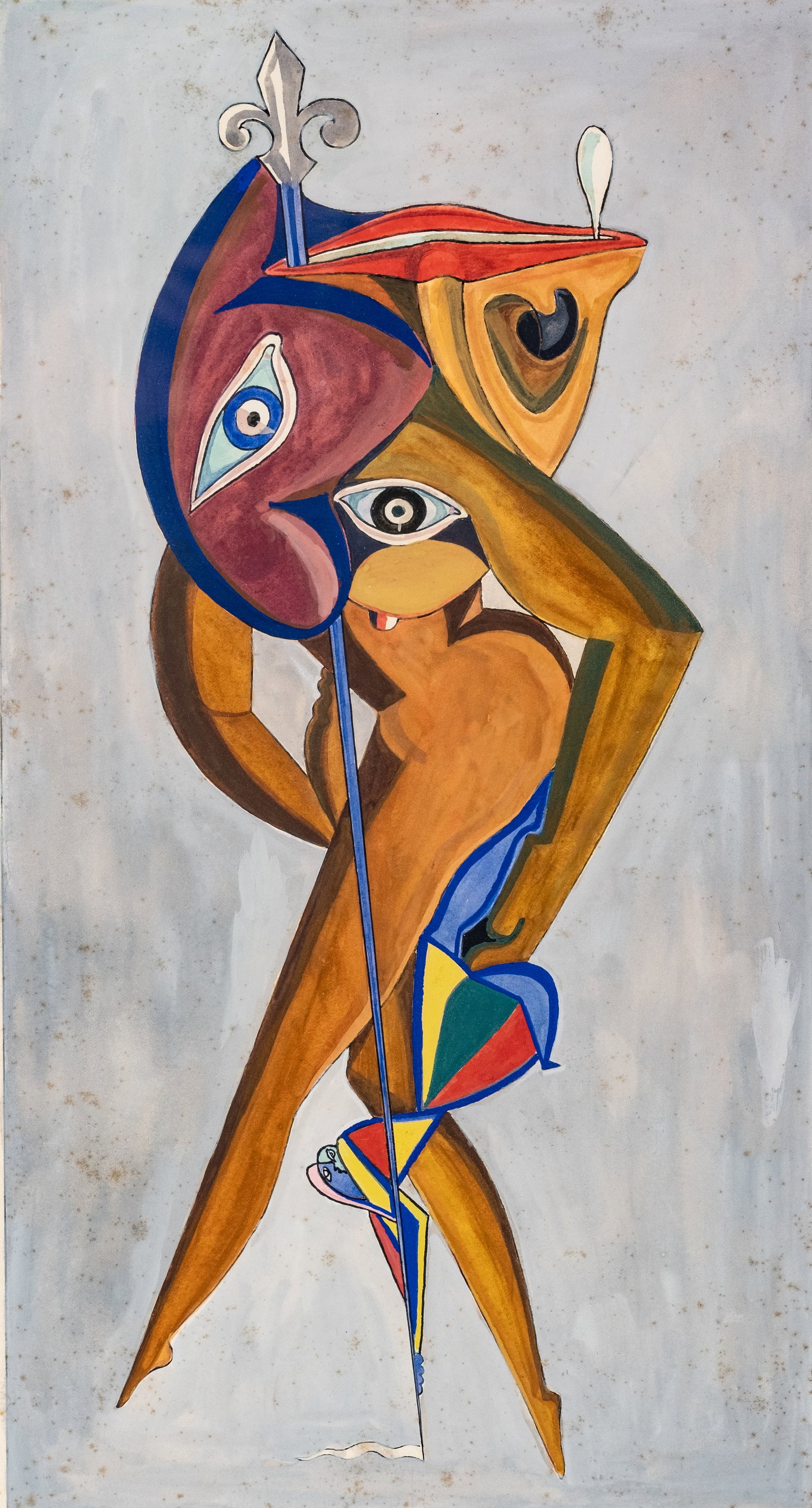 No Reserve: Mystery Artist Signed Mid-Century Surrealist Abstract Figurative Gouache Painting - 2
