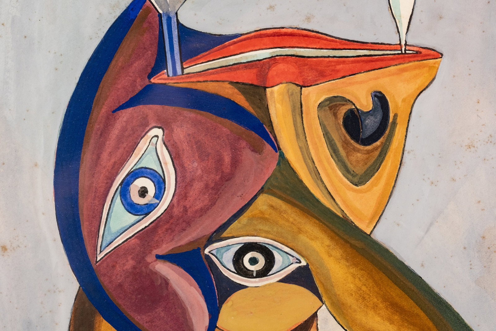 No Reserve: Mystery Artist Signed Mid-Century Surrealist Abstract Figurative Gouache Painting - 7