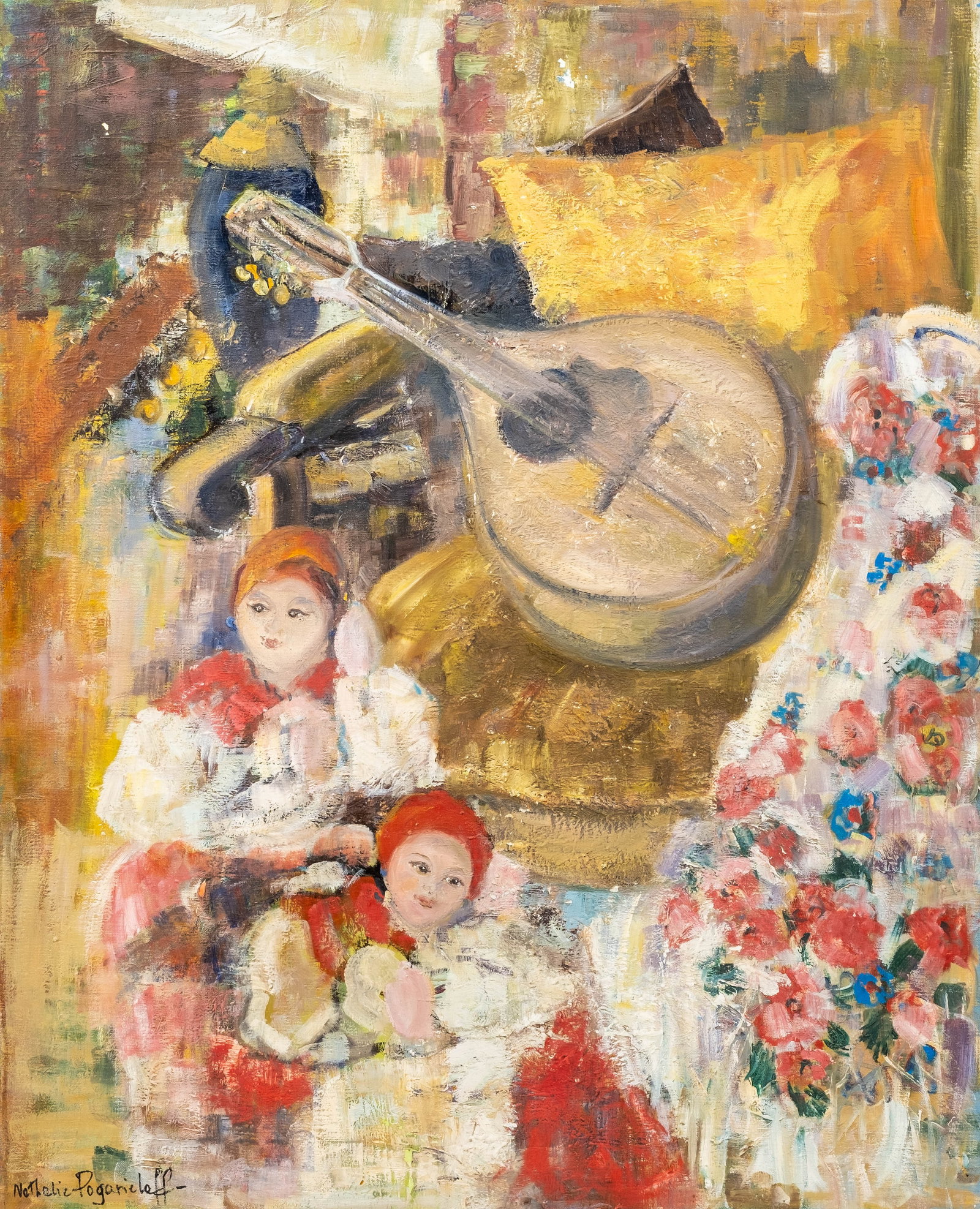 No Reserve: Nathalie Pogarie´loff, Signed Still Life with Dolls and Lute Painting (1 of 9)