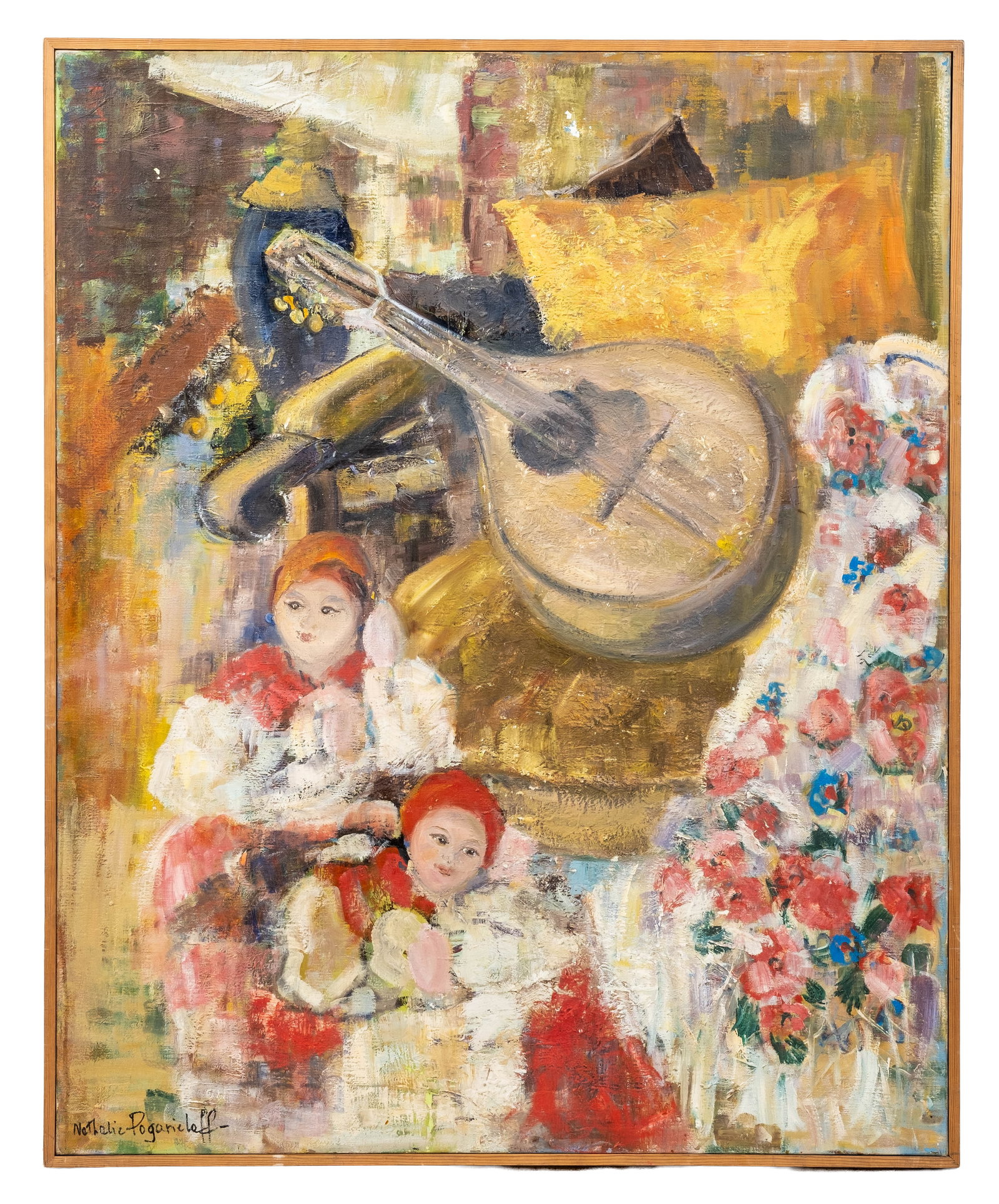 No Reserve: Nathalie Pogarie´loff, Signed Still Life with Dolls and Lute Painting - 3