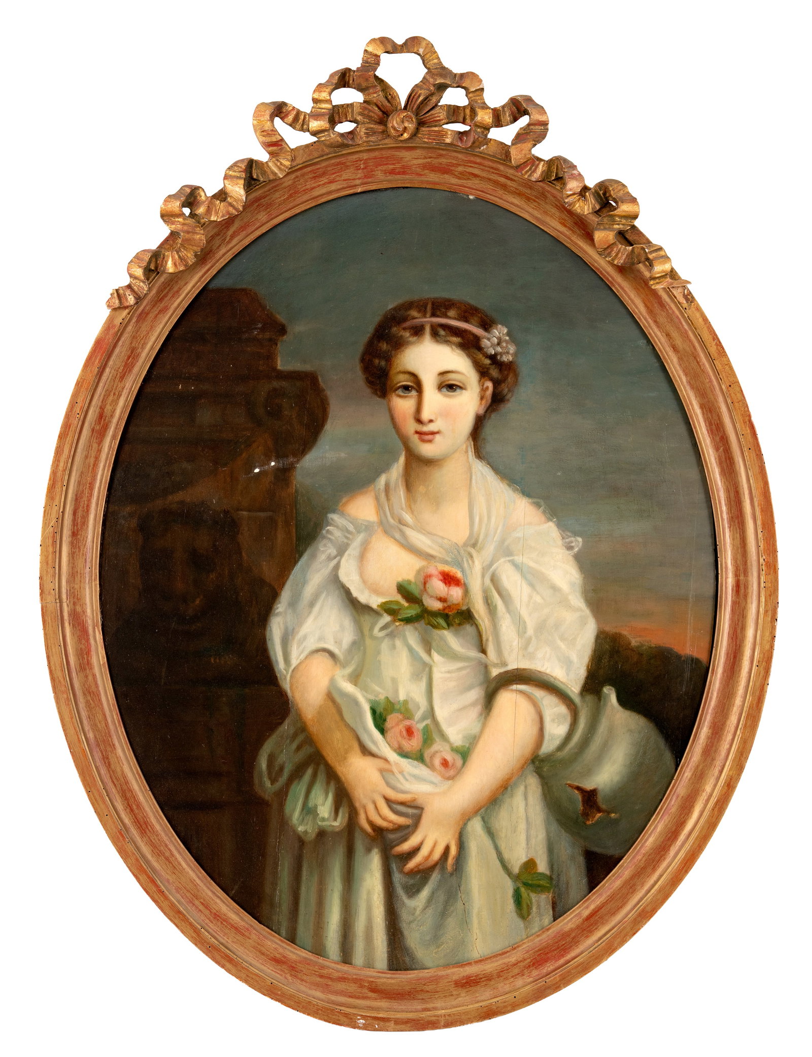 After Jean-Baptiste Greuze 'The Broken Pitcher' Reverse Composition Oil Painting: Keywords: French School, La Cruche Cassée, Old Master, 18th Century Style, 19th Century, Portraiture, Figurative Art, Young Woman, Roses, Floral, Allegorical, Neoclassical, Rococo, Oil On Panel, Oval