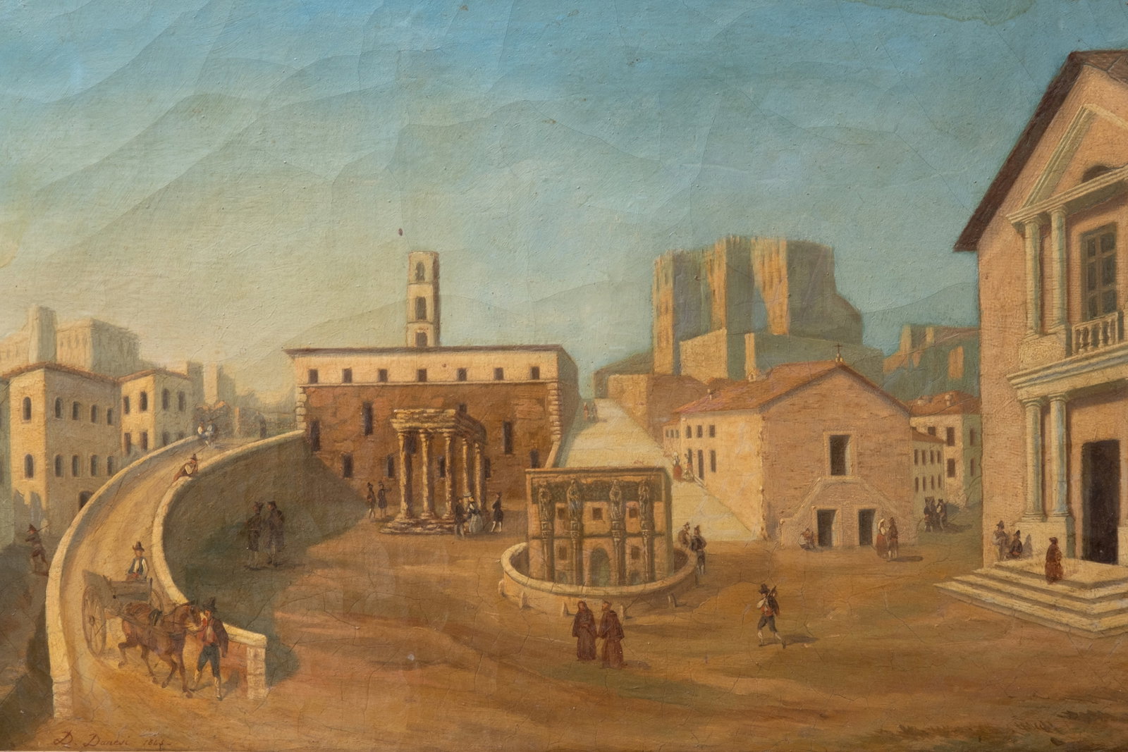 Dominique Danesi Signed Italian Piazza Oil on Canvas Painting, 1845 - 2