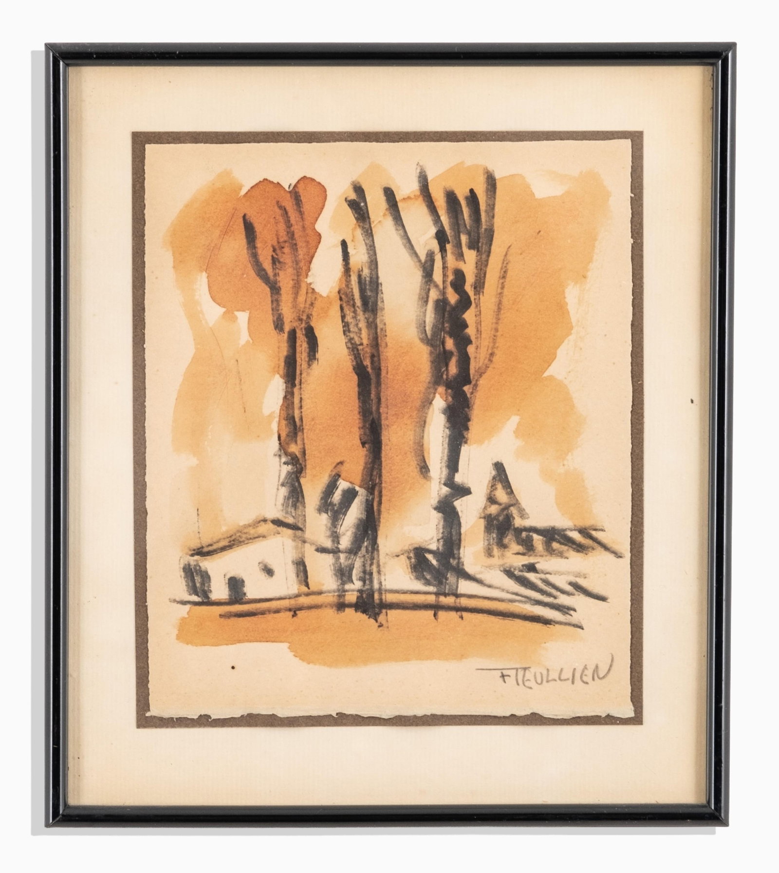 No Reserve: French work Abstract Landscape, Signed Painting on Paper, Fieullien?: Keywords: modern art, postwar art, European art, continental school, nonfigurative art, nonobjective art, scenic art, nature scene, fine art, original art, one of a kind, wall art, statement piece, in