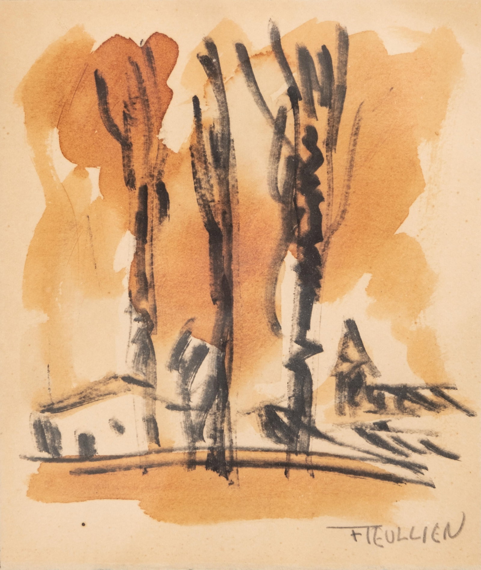 No Reserve: French work Abstract Landscape, Signed Painting on Paper, Fieullien? - 2
