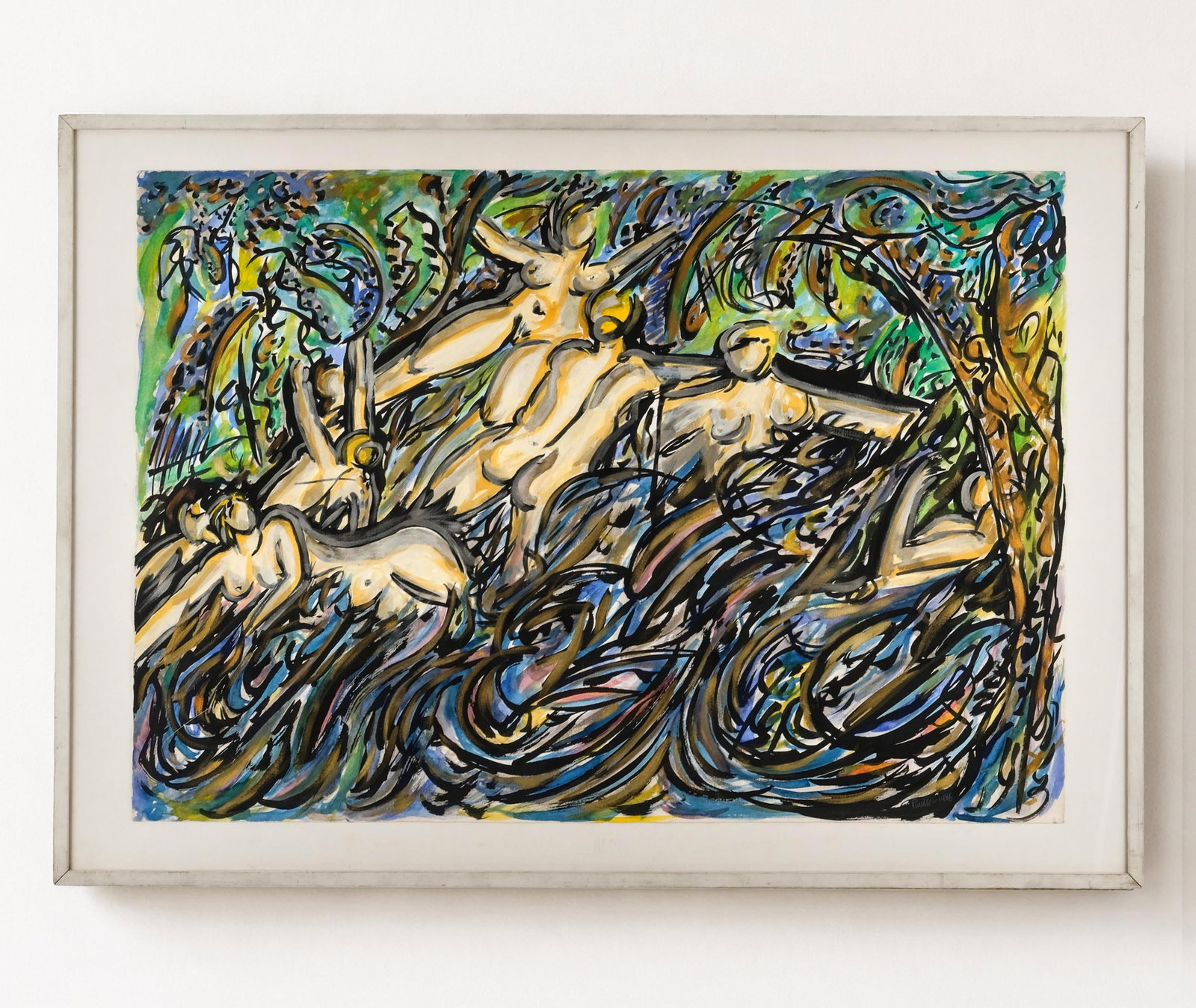 No Reserve: Alain Pouillet 'The Bathers', 1986, Signed Gouache and Watercolor Painting: Keywords: gouache on paper, watercolor painting, figurative art, 1980s painting, French artist, contemporary expressionism, bathing scene, modern nudes, Abstract Expressionism, Modern Art, Post-War pa