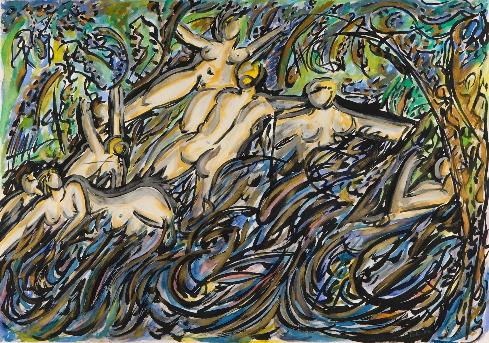 No Reserve: Alain Pouillet 'The Bathers', 1986, Signed Gouache and Watercolor Painting - 2