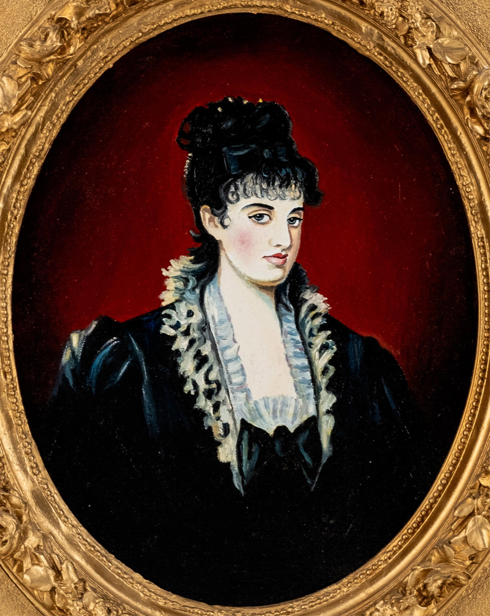 No Reserve: Marina Sloutchanko (Attrib), France, 20th Century, Oil Painting: Keywords: figurative painting, female sitter, academic realism, European school, oval format, gilt frame, society portrait, formal attire, dark ground, red background, salon style, early modern Europe