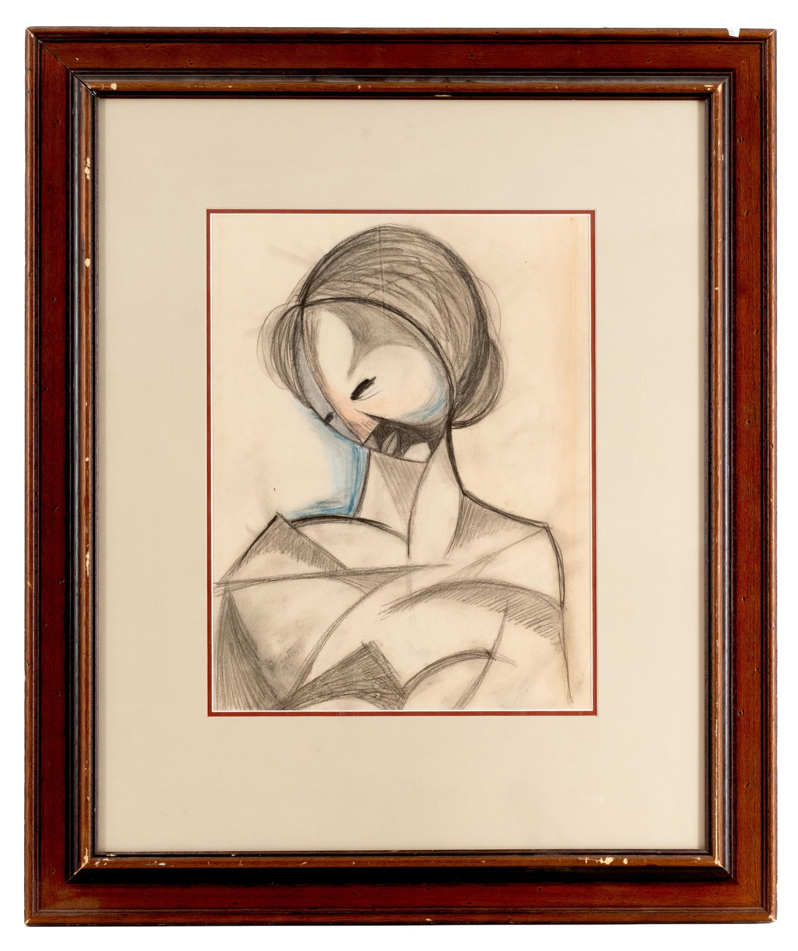 Cubist Modernist Charcoal and Pastel Portrait Painting, Signed and dated 1943: Keywords: modernist, portrait, charcoal, pastel, paper, female figure, bust length, stylized, cubist influence, framed, signed, drawing Summary: Stylized cubist modernist portrait of a woman, executed