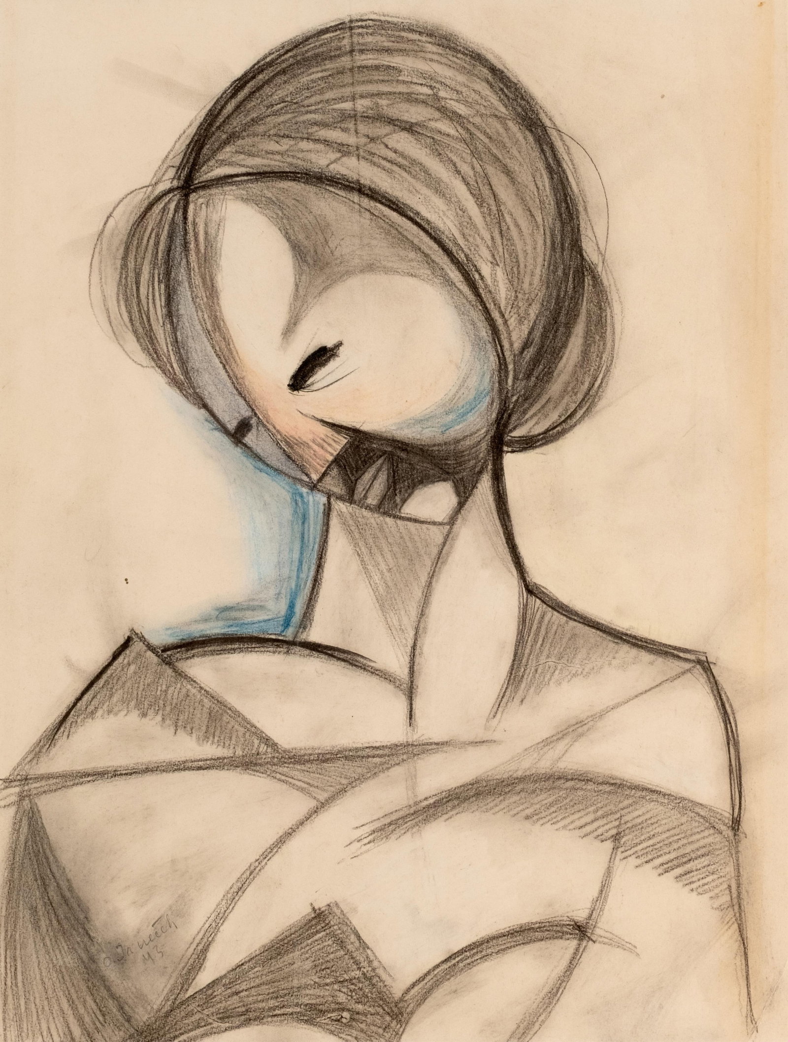 Cubist Modernist Charcoal and Pastel Portrait Painting, Signed and dated 1943 - 2