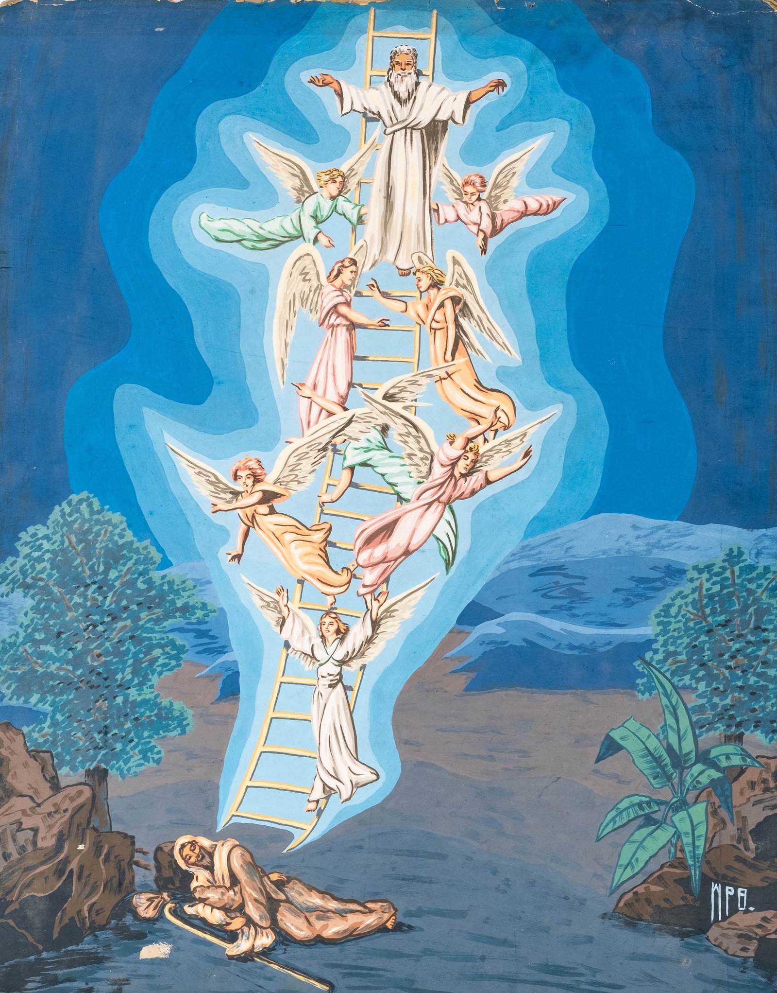 No Reserve: William Patton Brown Signed 'Jacob's Ladder' Biblical Painting, 1950 (1 of 9)