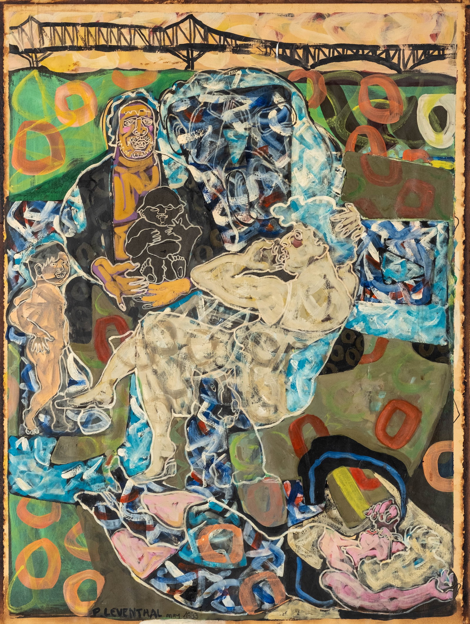 No Reserve: Peter Leventhal Signed 1993 Figurative Abstract Gouache Painting: Keywords: Figurative Expressionism, Neo-Expressionism, Outsider Art, American Art, Contemporary Art, Mixed Media, Figural Composition, Abstract Figuration, Bridge, Urban Landscape, Narrative Art, Expr