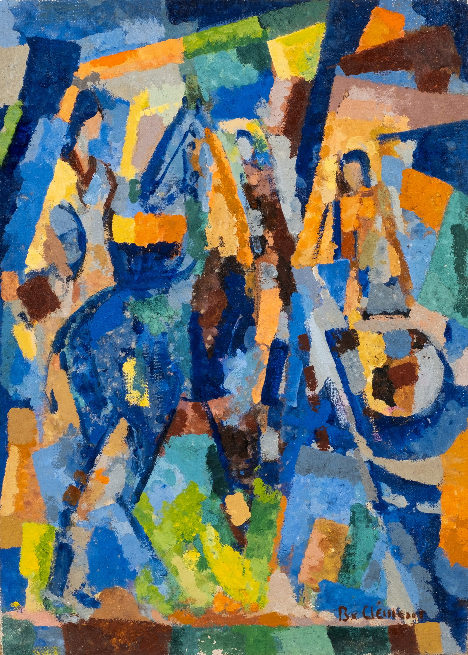 No Reserve: Signed Bx. Clement Modernist Polo Players Oil on Canvas Painting (1 of 5)
