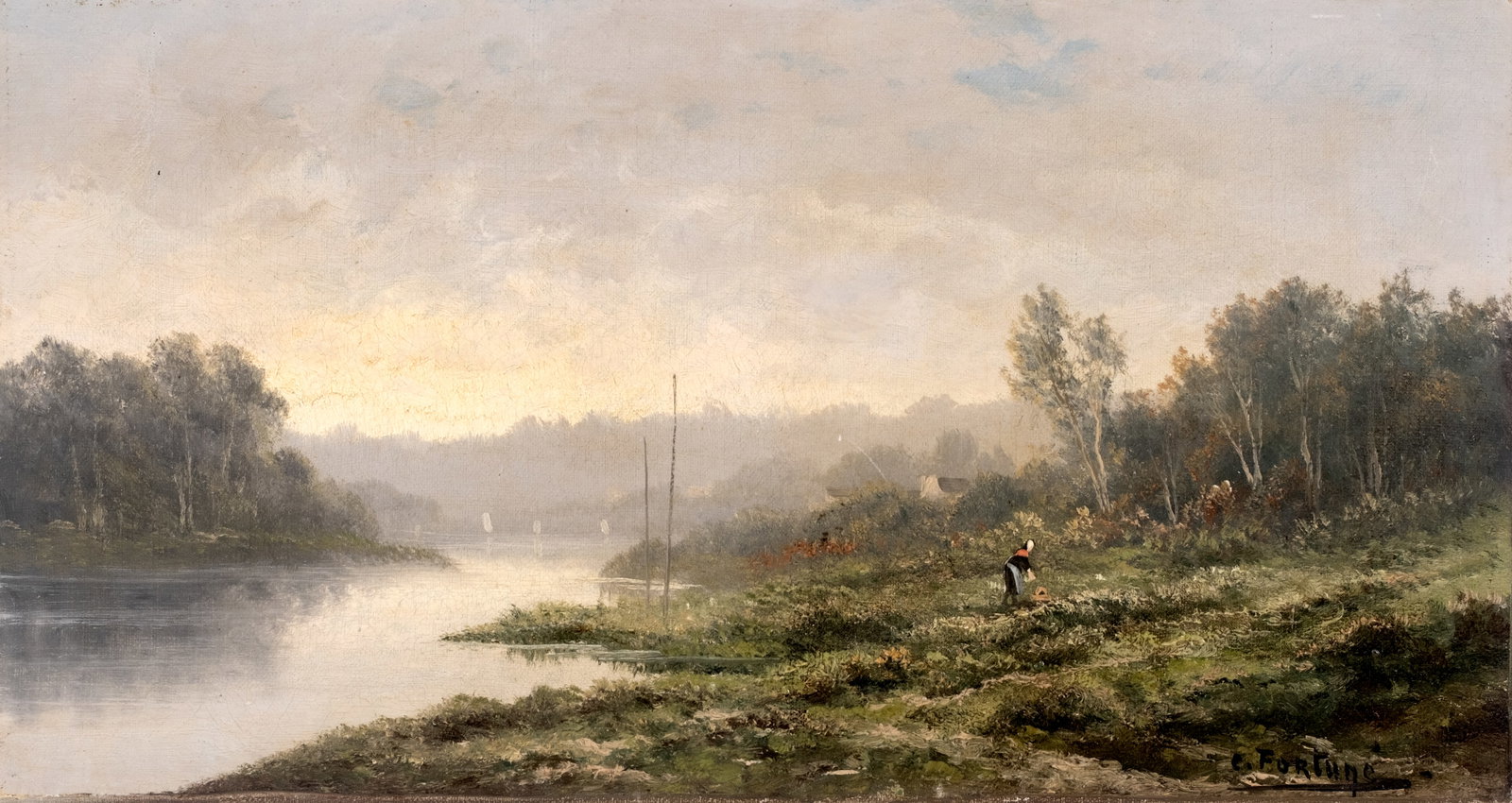 No Reserve: C. Fortune Signed River Landscape Oil Painting, 19th Century (1 of 8)