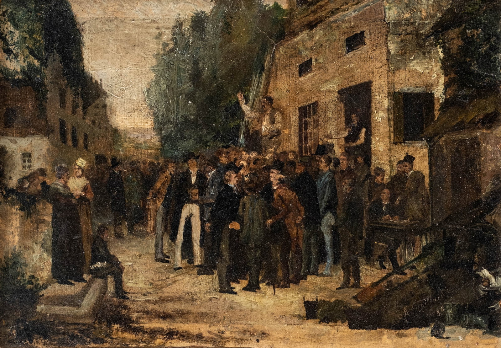 Arthur Gaillard Signed 1886 Village Election Genre Oil Painting - 3