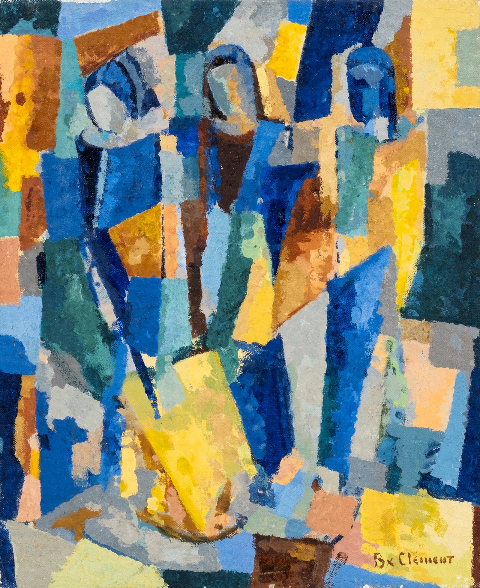 No Reserve: Signed Bx. Clement 'Three Graces' Modernist Figurative Oil on Canvas Painting: Keywords: Modernism, Cubist Influence, Three Graces, Figurative, Female Figures, Expressionism, Abstract Figurative, Colorist, Geometric, Mid Century, Modern Art, European Modernism Summary: Bx. Cleme