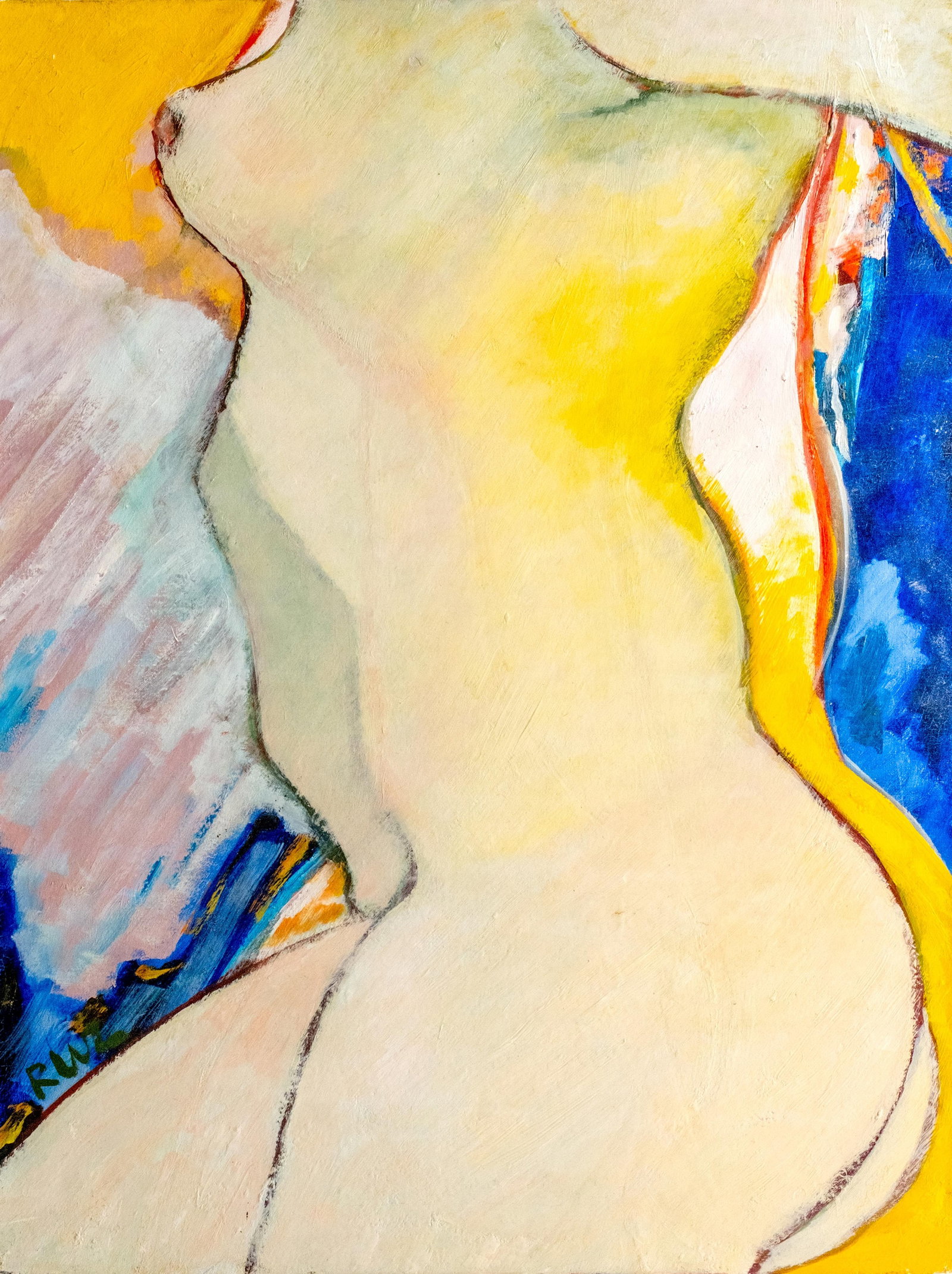 No Reserve: Signed RWL Contemporary Figural Nude Oil On Canvas Painting, 1986: Keywords: female figure, torso study, modern figural art, expressive composition, modern interior art, abstracted figure, 20th century art. Summary: Signed RWL or RWZ, contemporary figural nude oil on