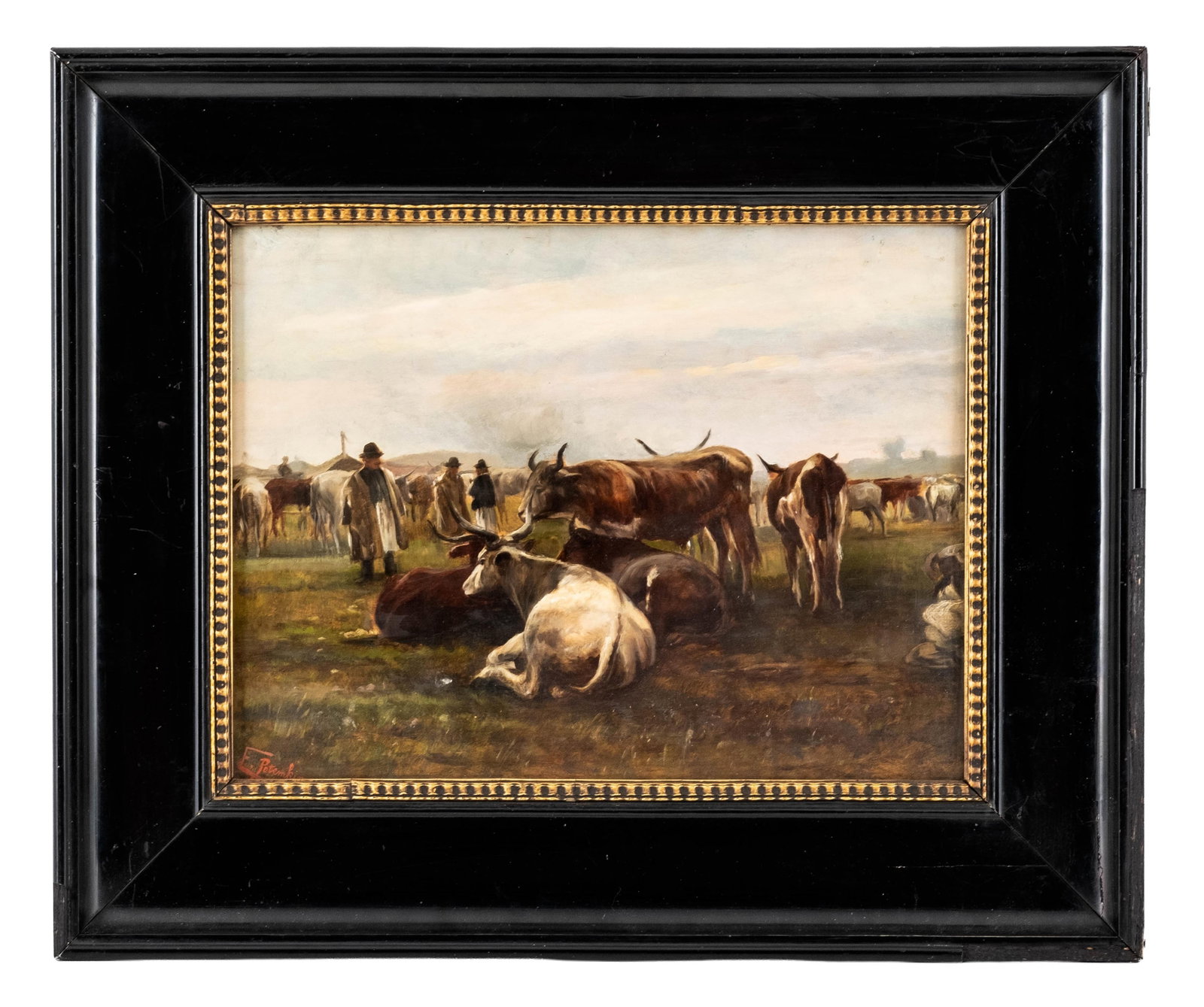 Potemkin, Signed European Double-Sided Oil on Board Painting: Keywords: pastoral, cattle, cows, livestock, European school, oil on board, signed painting, double-sided painting, painting verso, herd scene, rural landscape, animal painting, market scene Summary: 
