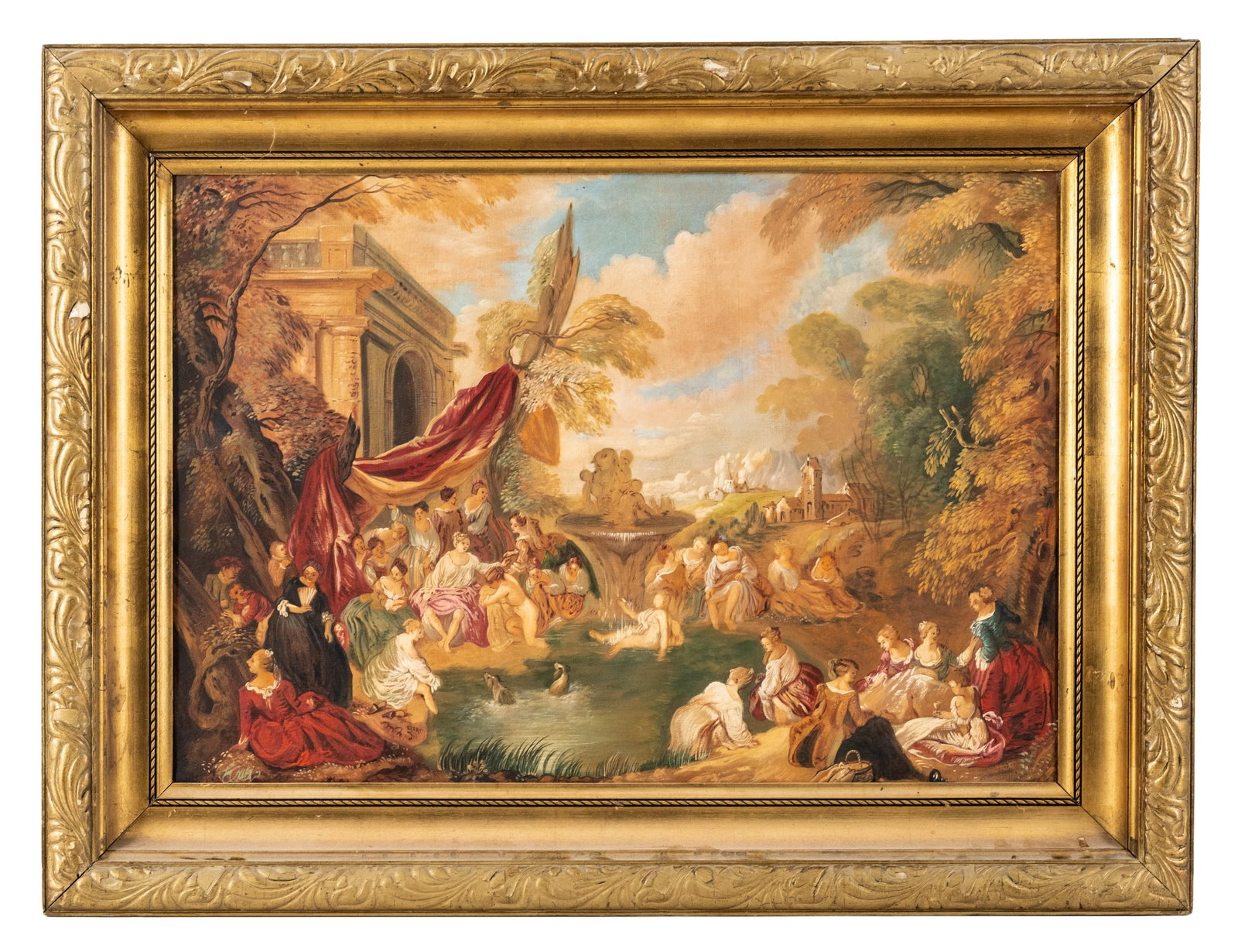 No Reserve: 19th - Early 20th Century Oil On Canvas Painting, Signed illeg.: Keywords: rococo revival, garden fountain, figural painting, decorative painting, classical landscape, genre scene, gilt frame, European school Summary: Late 18th-19th century oil on canvas painting d
