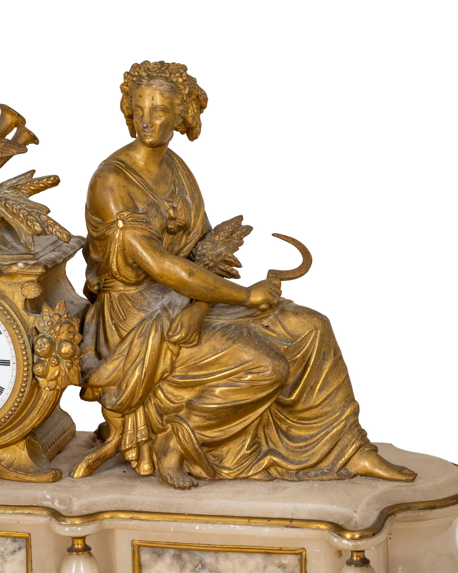 French 19-in Bronze and Marble Clock 19th Century with Allegorical Sculpture - 2
