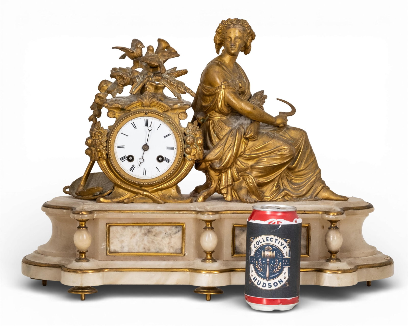 French 19-in Bronze and Marble Clock 19th Century with Allegorical Sculpture - 3