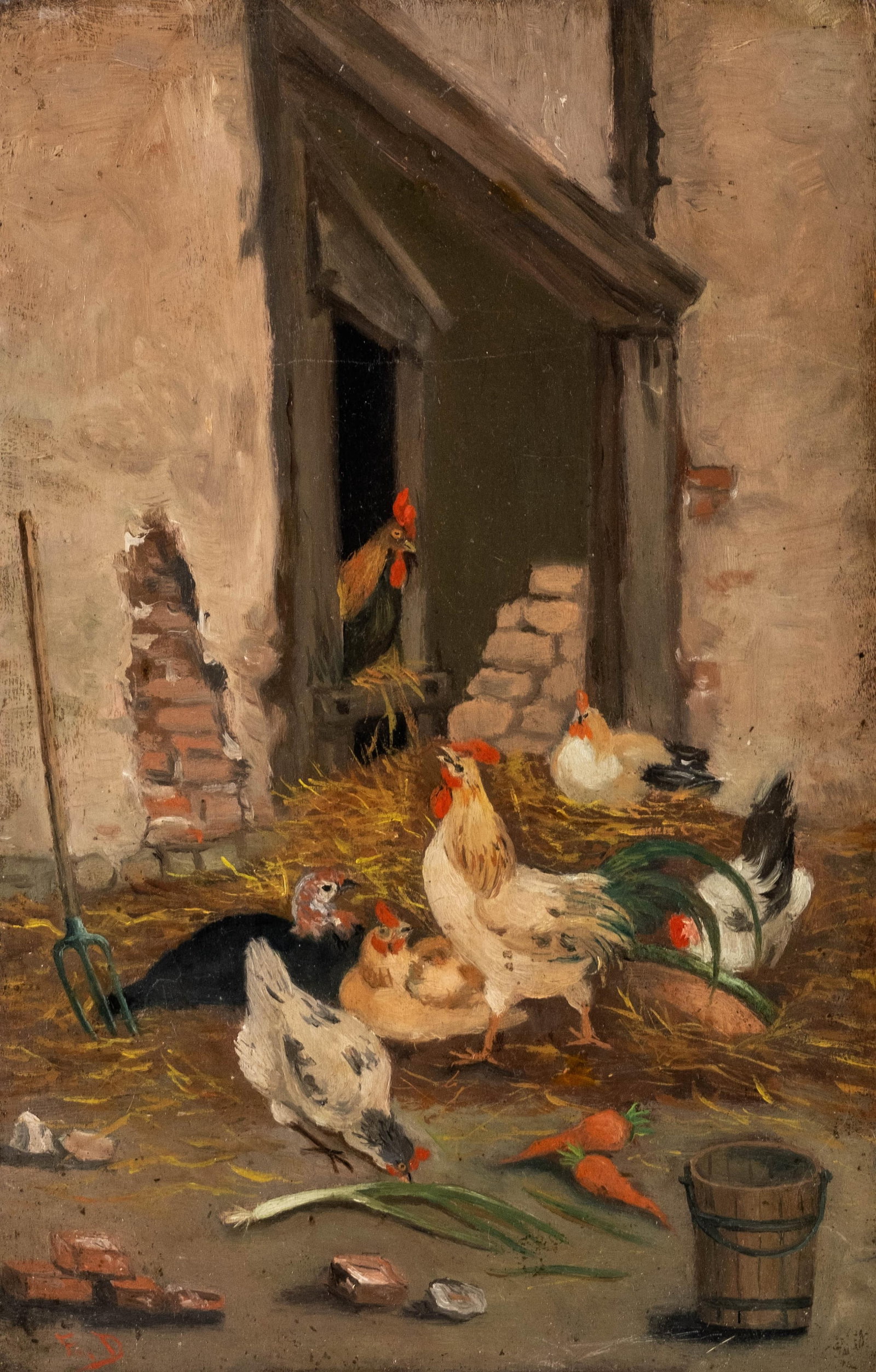 No Reserve: 19th Century School The Henhouse Oil On Panel Painting (1 of 8)