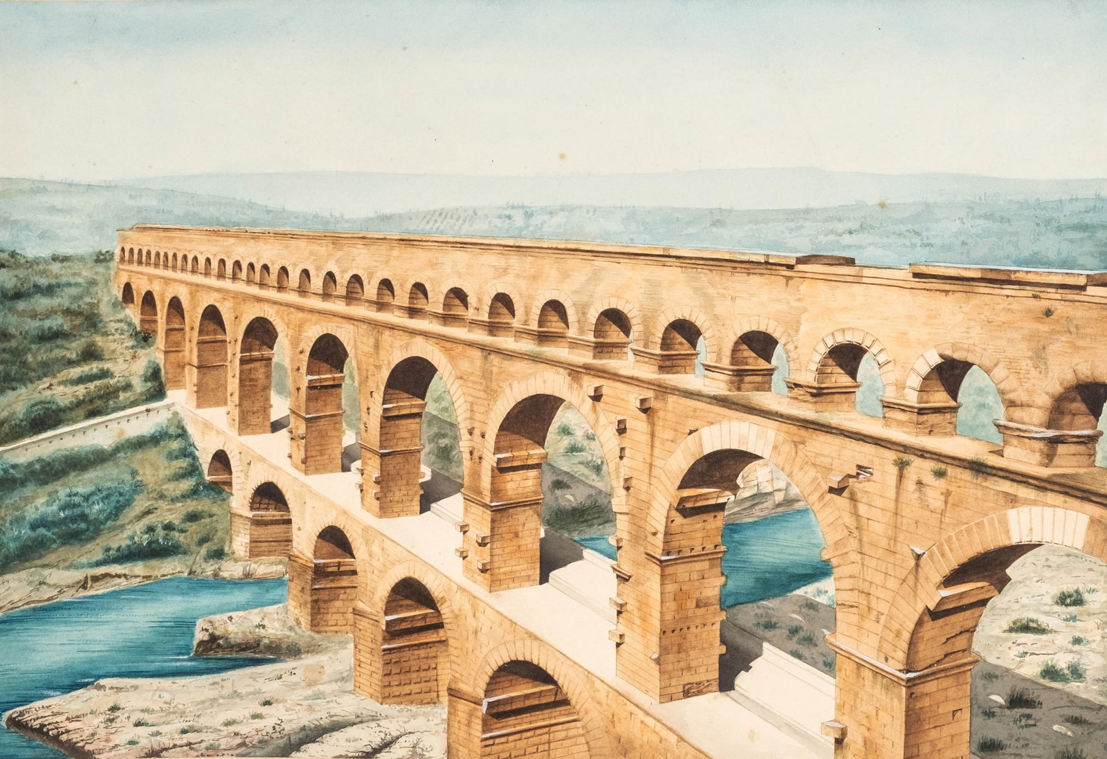 No Reserve: French School Pont Du Gard Watercolor Painting, Monogrammed P.G. (1 of 8)