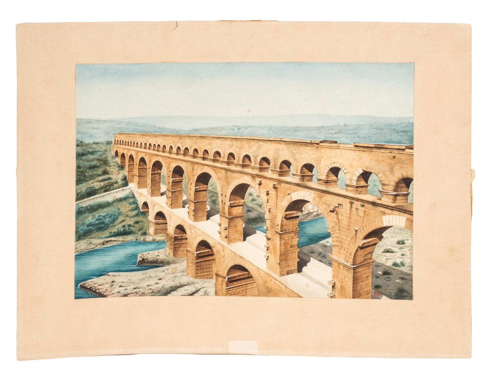 No Reserve: French School Pont Du Gard Watercolor Painting, Monogrammed P.G. - 3