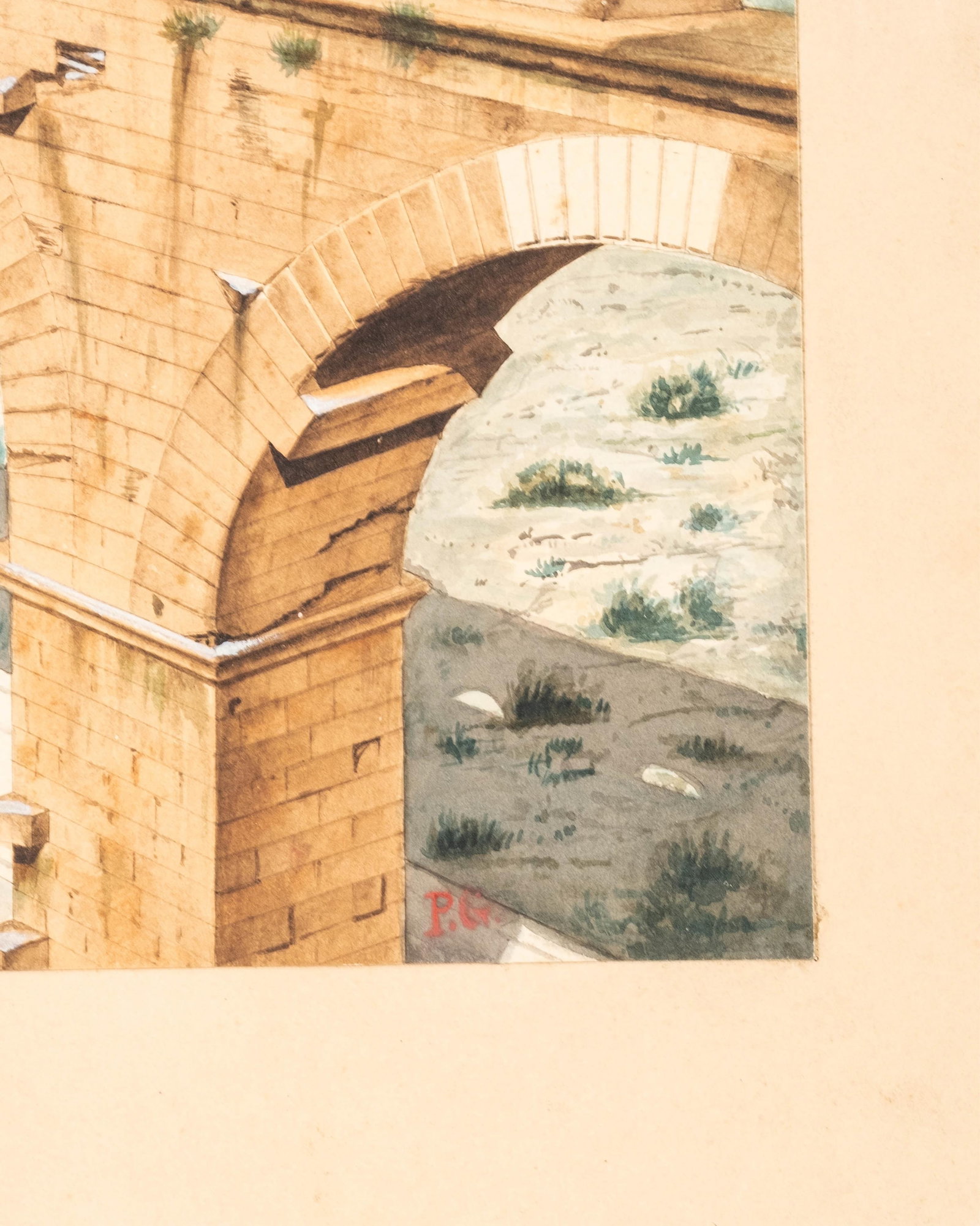 No Reserve: French School Pont Du Gard Watercolor Painting, Monogrammed P.G. - 4
