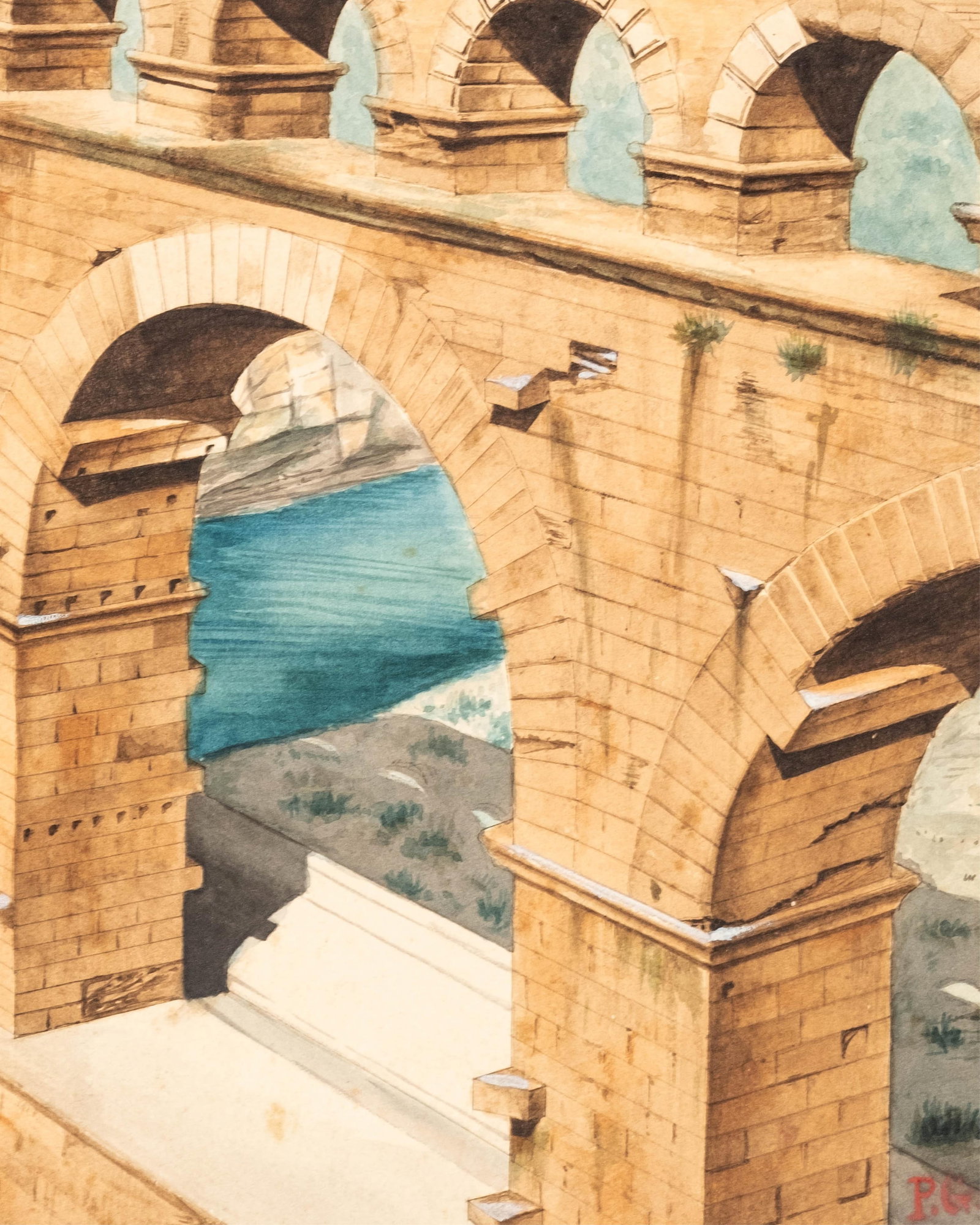 No Reserve: French School Pont Du Gard Watercolor Painting, Monogrammed P.G. - 7