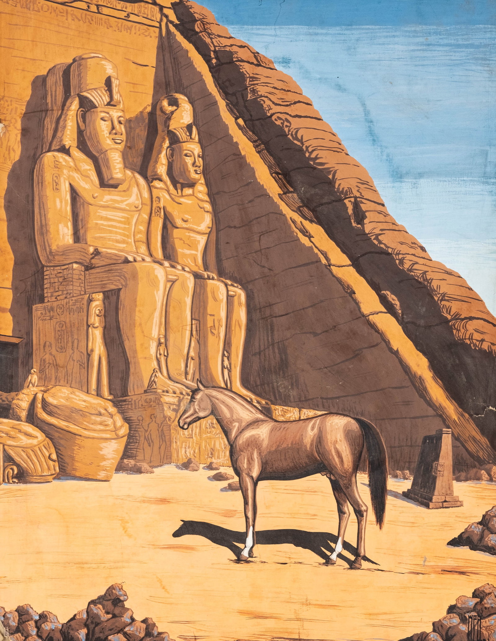 No Reserve: William Patton Brown Signed 1957 'Serafix' Arabian Horse at Abu Simbel Painting (1 of 10)