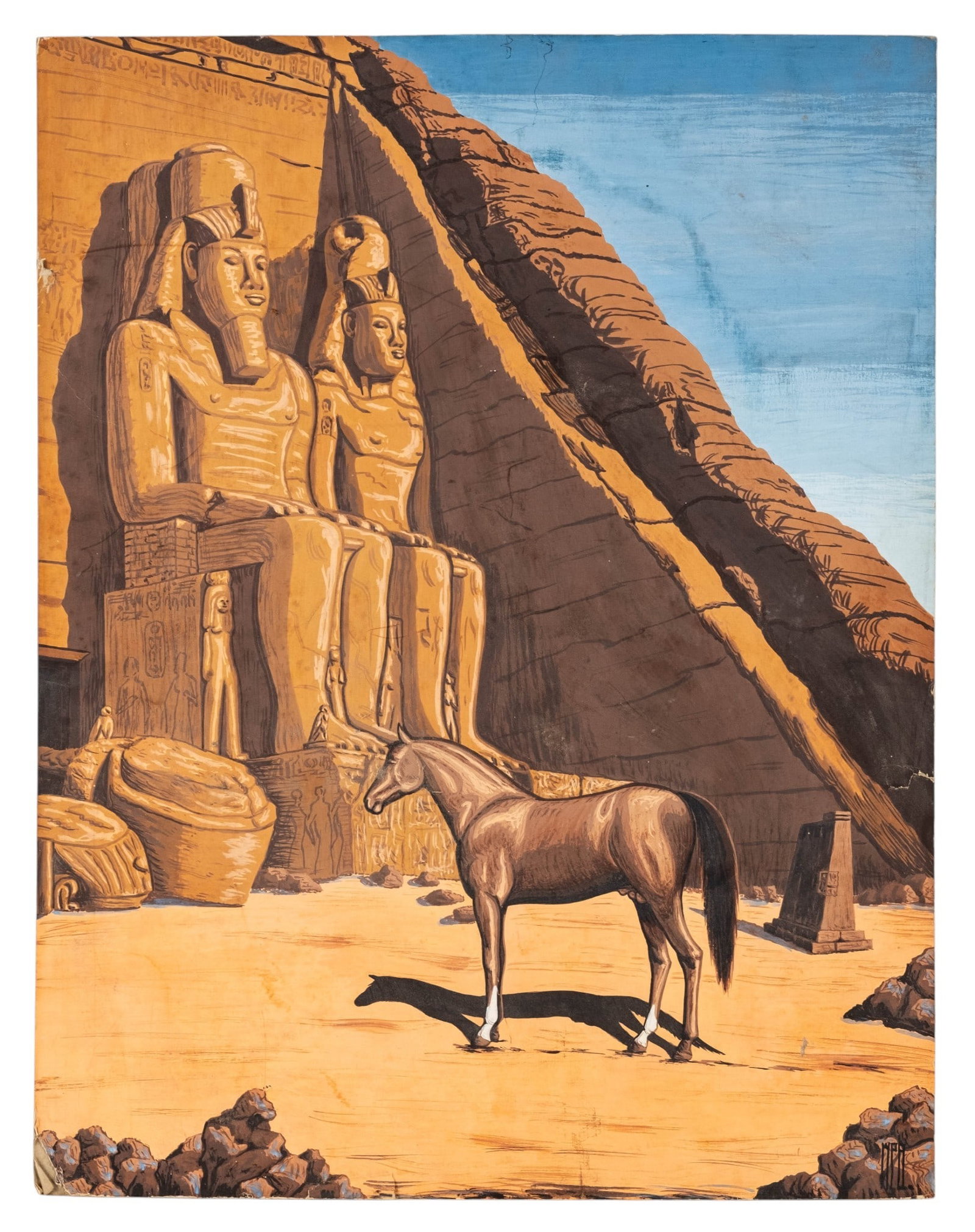 No Reserve: William Patton Brown Signed 1957 'Serafix' Arabian Horse at Abu Simbel Painting - 3