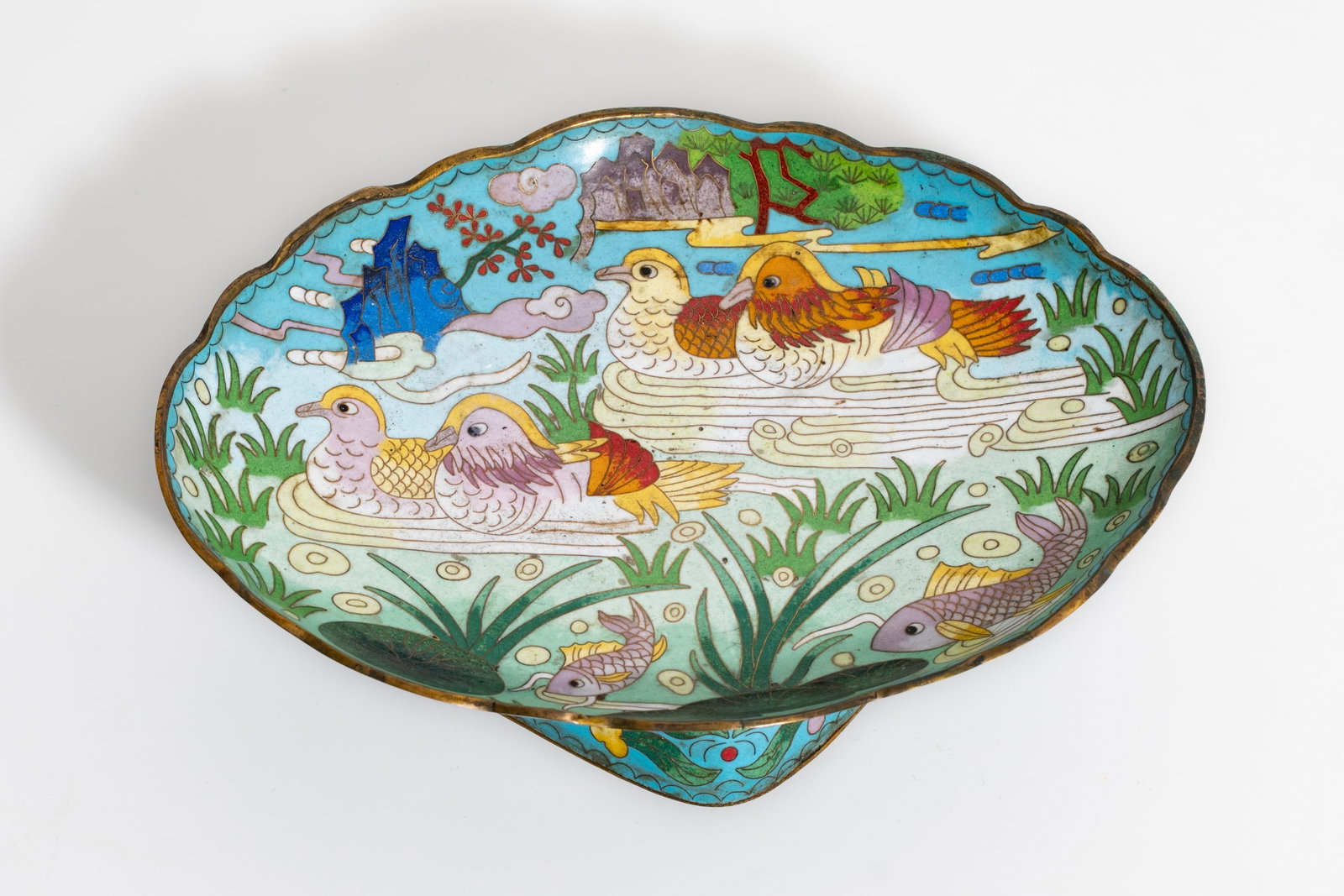 Antique Chinese Cloisonné Enamel Tazza with Mandarin Ducks and Koi, 19th Century or Earlier - 2