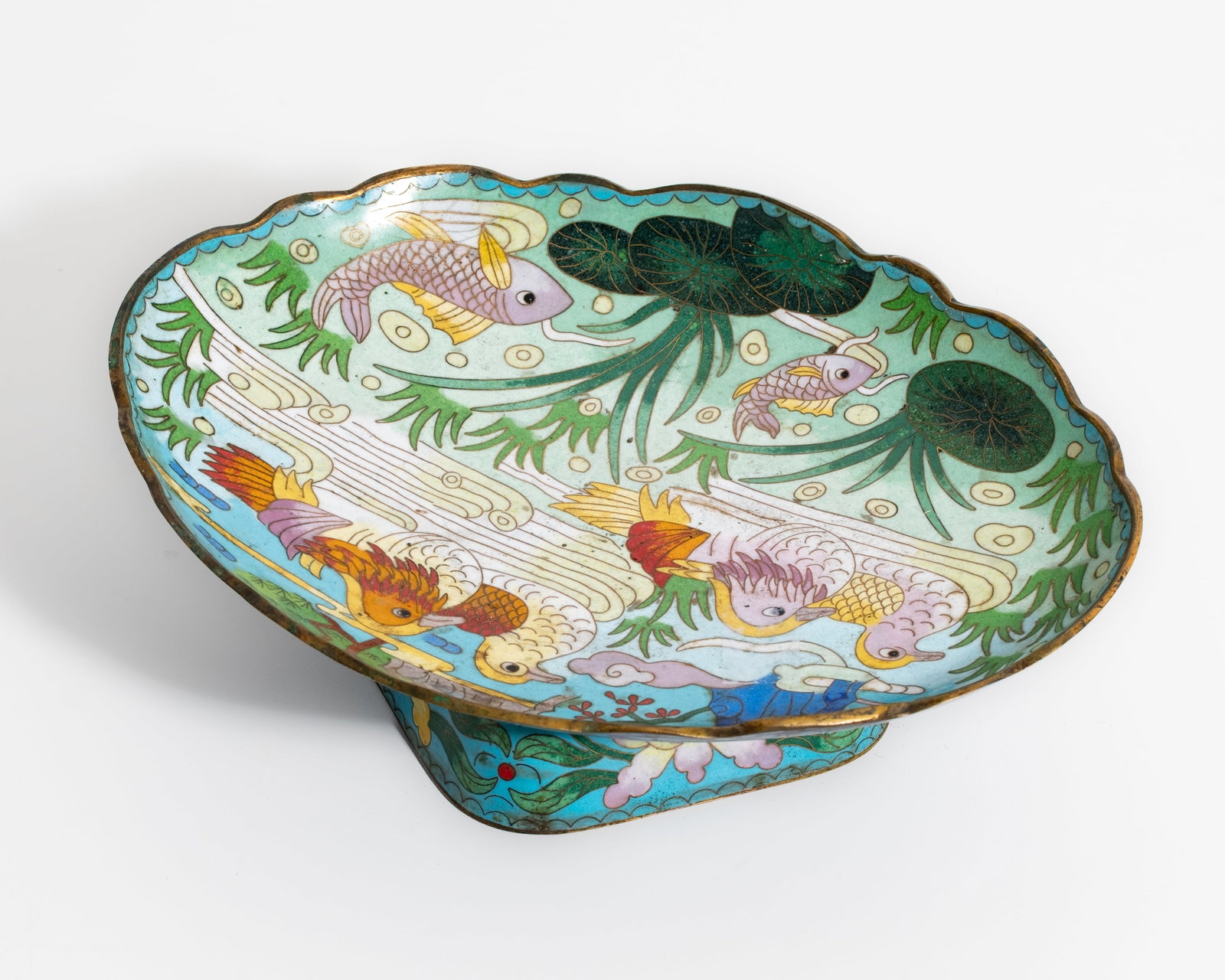Antique Chinese Cloisonné Enamel Tazza with Mandarin Ducks and Koi, 19th Century or Earlier - 7