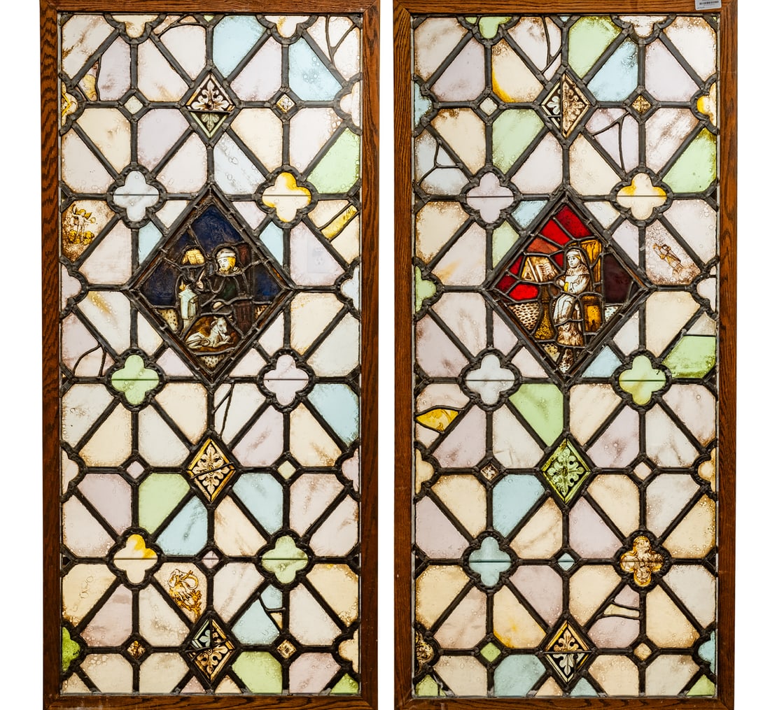 No Reserve: Pair Antique Gothic Stained & Leaded Glass Windows, 19th Century (1 of 10)